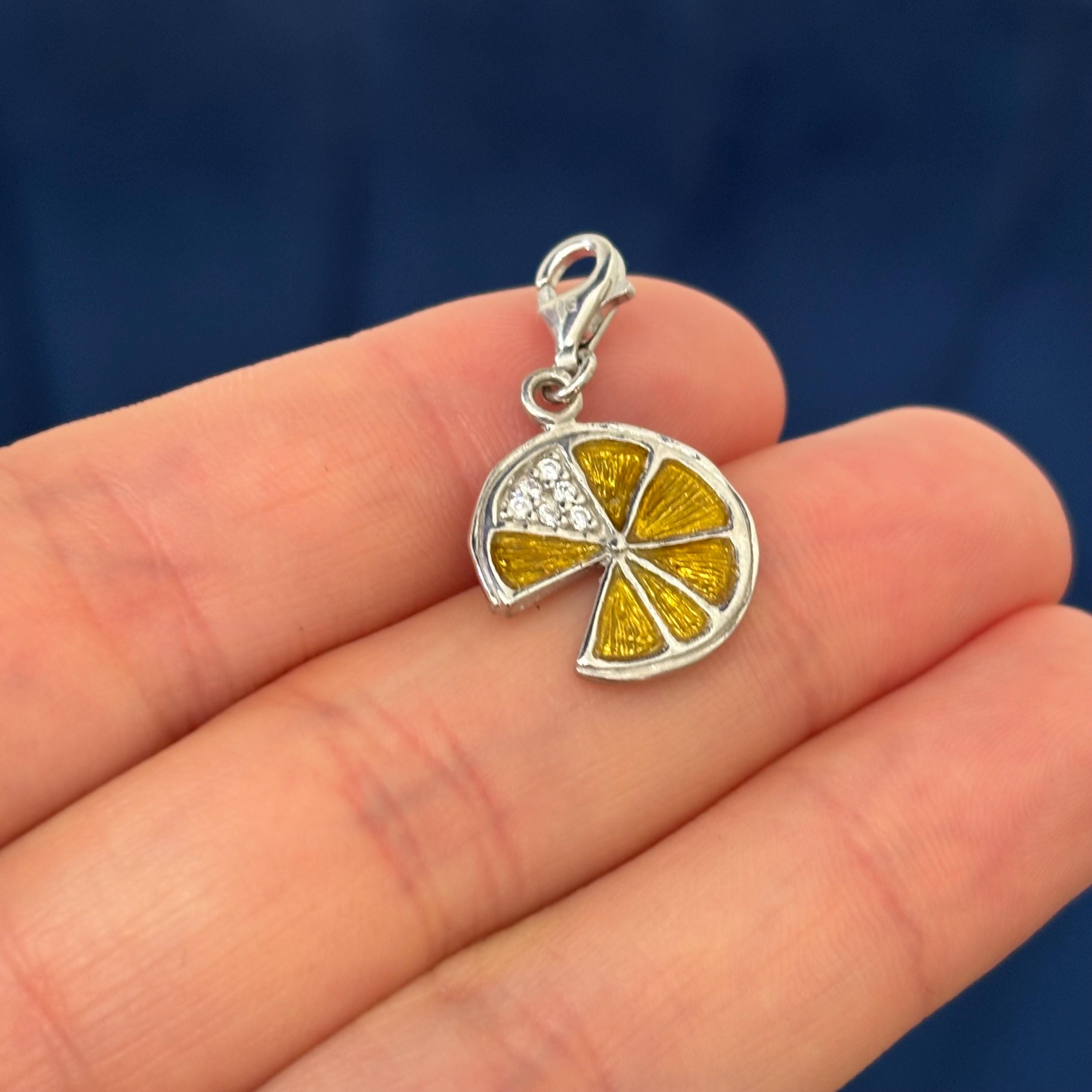 Sterling Silver Yellow Enameled Lemon Slice Charm Pendant with Fancy Lobster Clasp