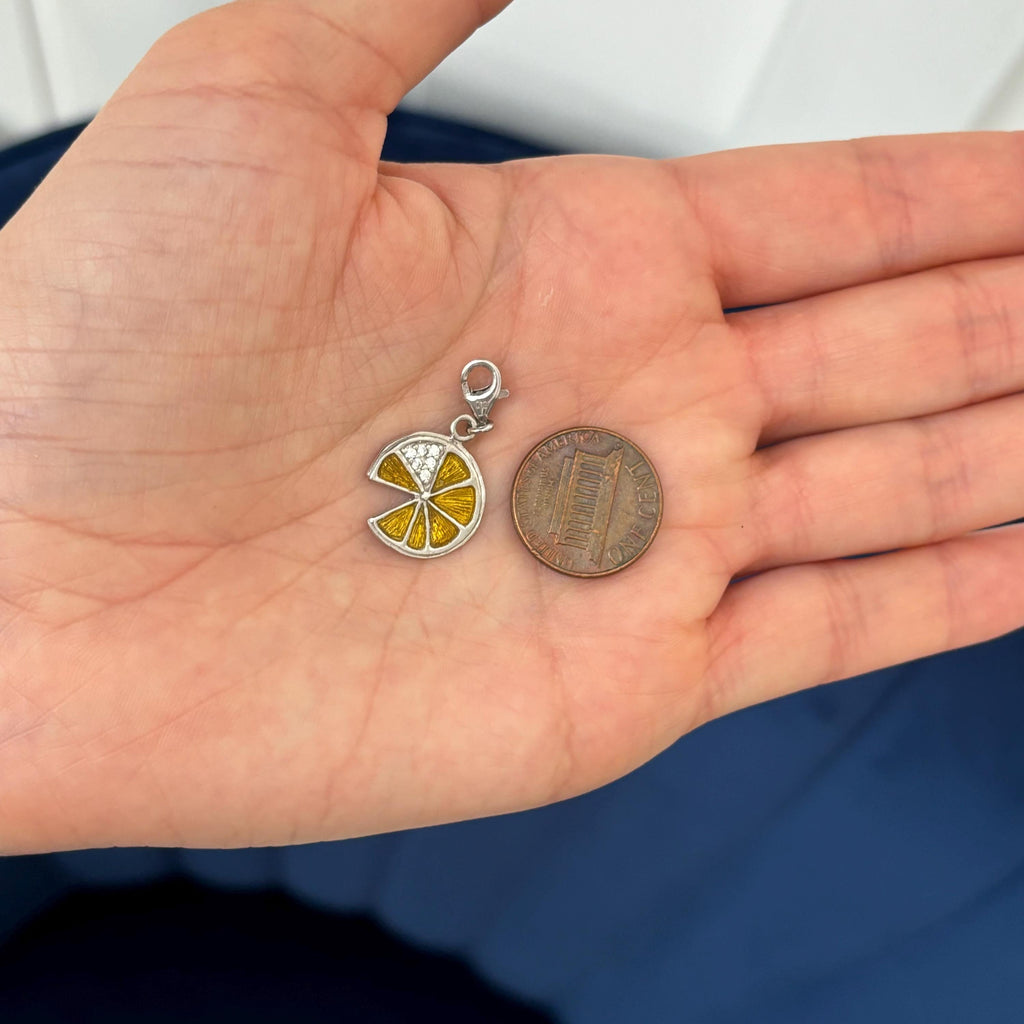 Sterling Silver Yellow Enameled Lemon Slice Charm Pendant with Fancy Lobster Clasp
