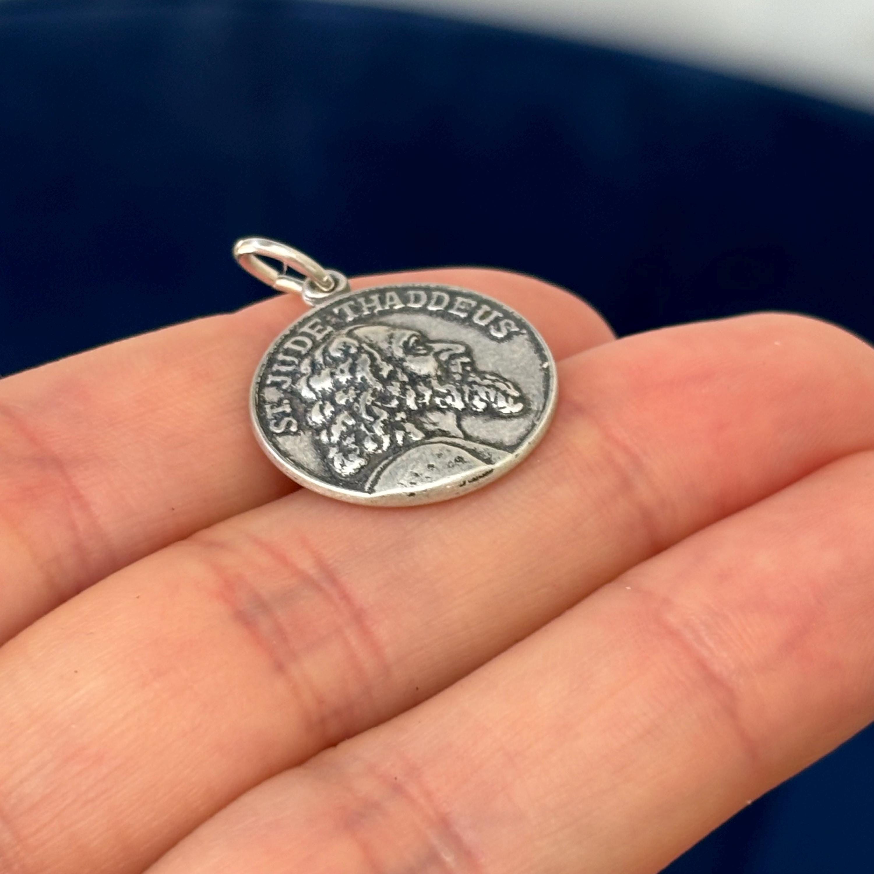 Sterling Silver Antiqued St Jude Thaddeus Round Medal Pendant