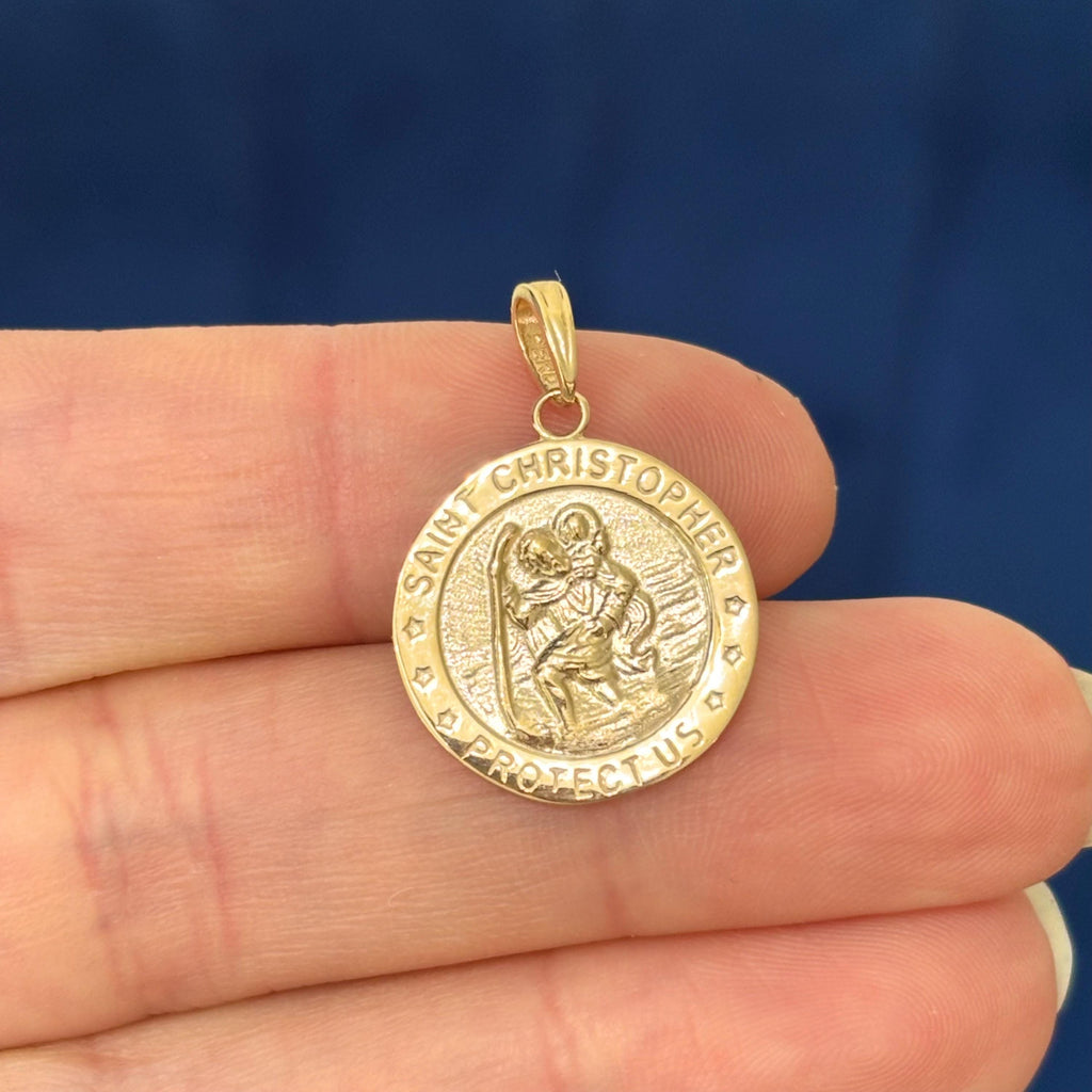 14k Gold St Christopher Round Medal Solid Pendant