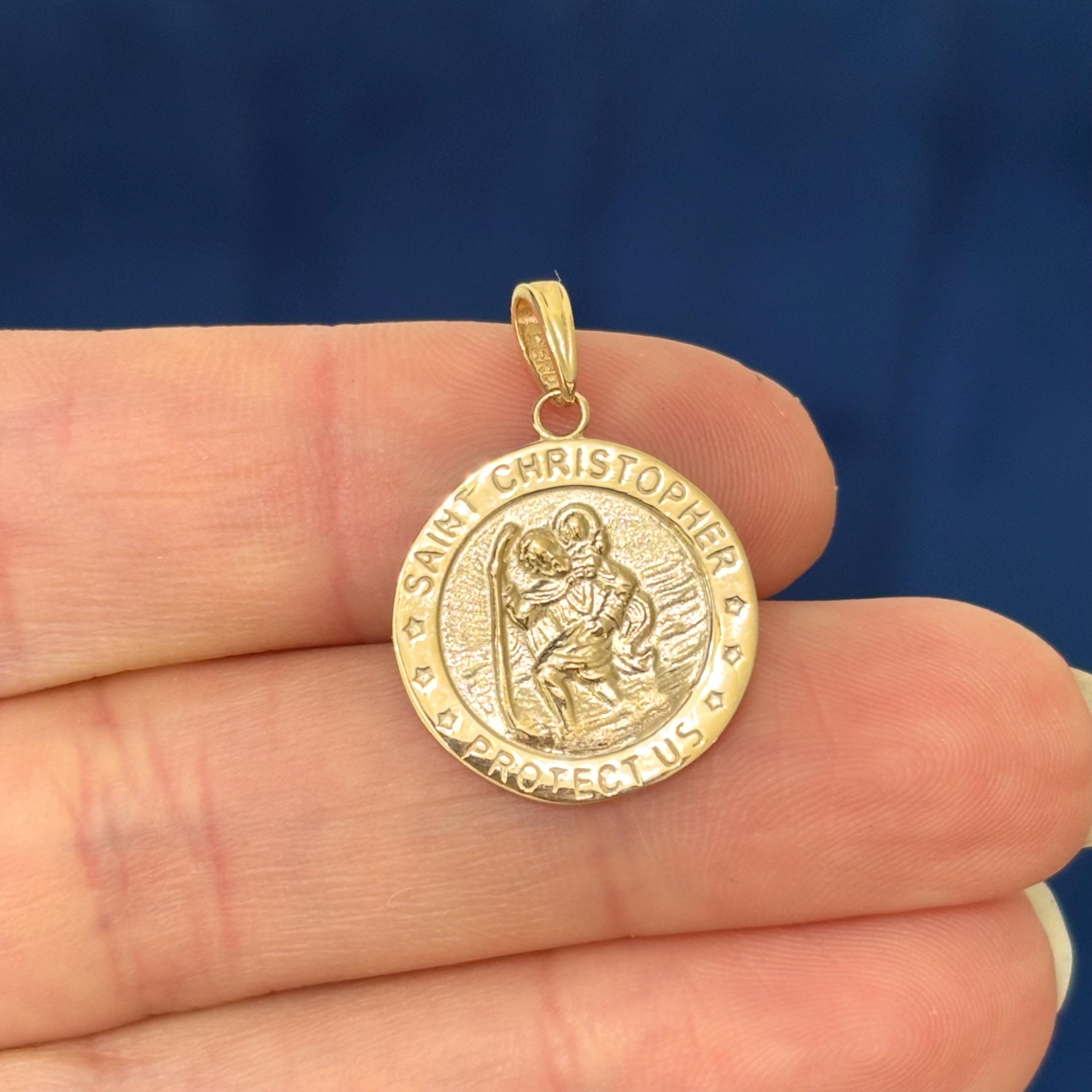 14k Gold St Christopher Round Medal Solid Pendant