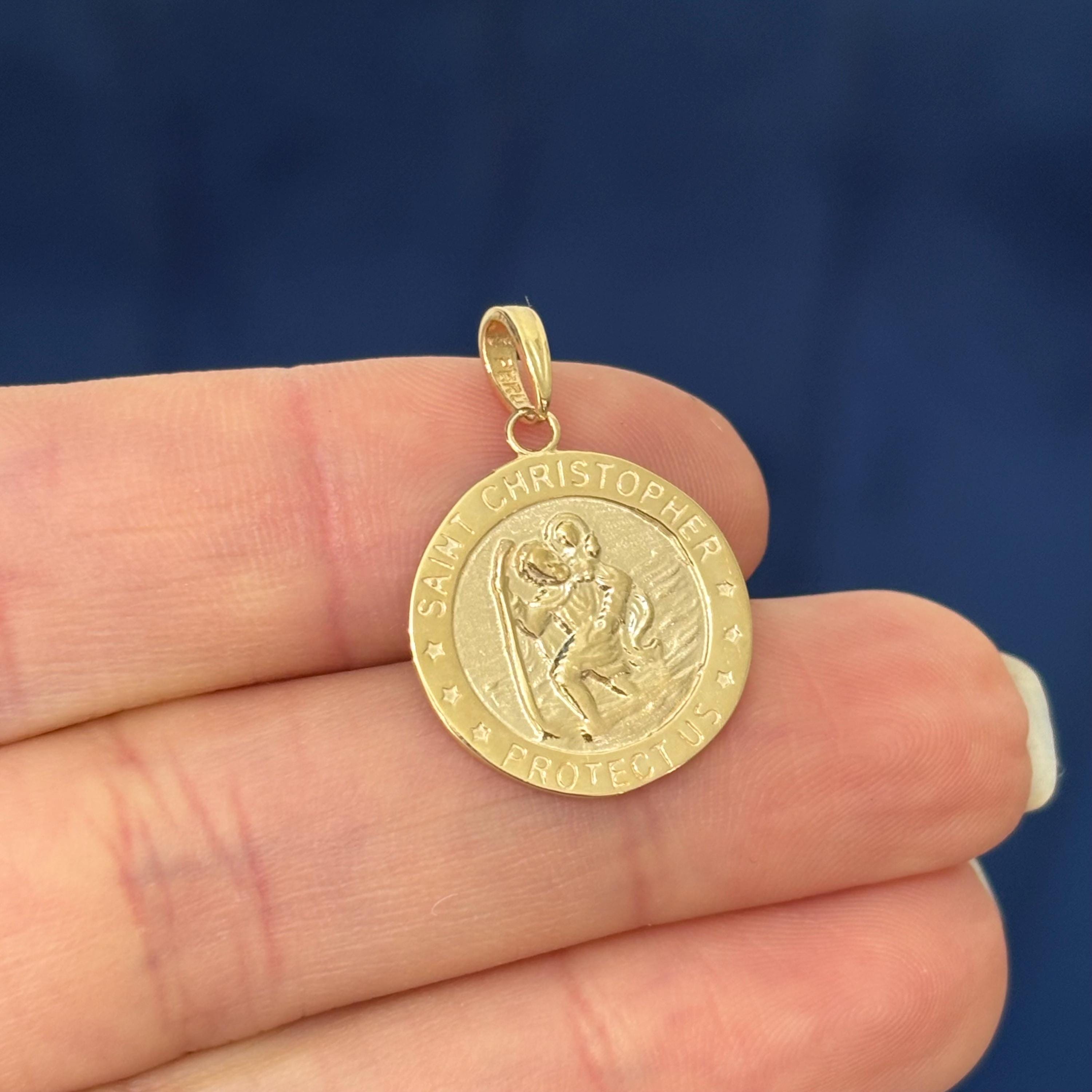 14k Gold St Christopher Round Medal Solid Pendant