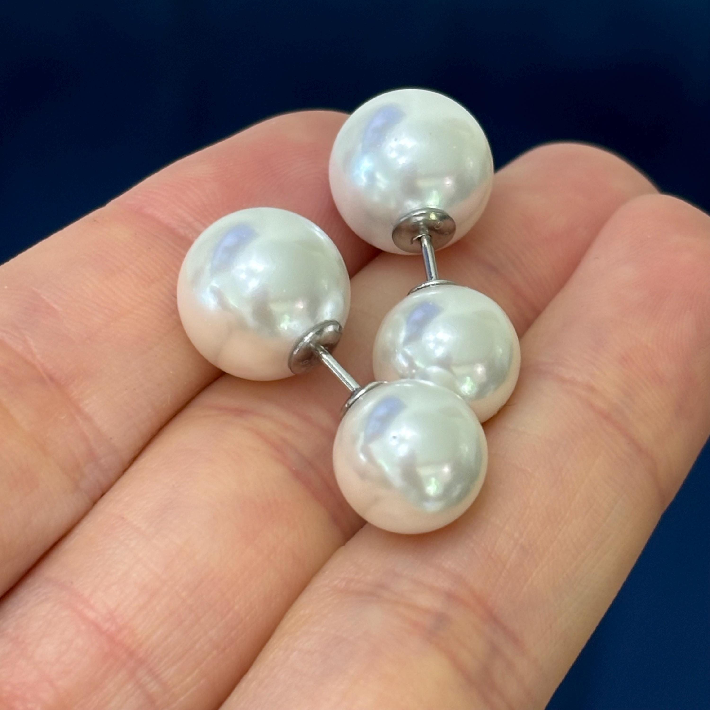 Sterling Silver White 10-11mm and White 11-12mm Imitation Shell Pearl Front Back Post Earrings