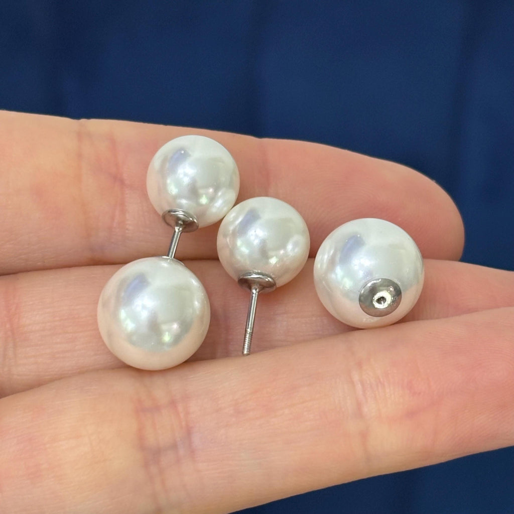 Sterling Silver White 10-11mm and White 11-12mm Imitation Shell Pearl Front Back Post Earrings