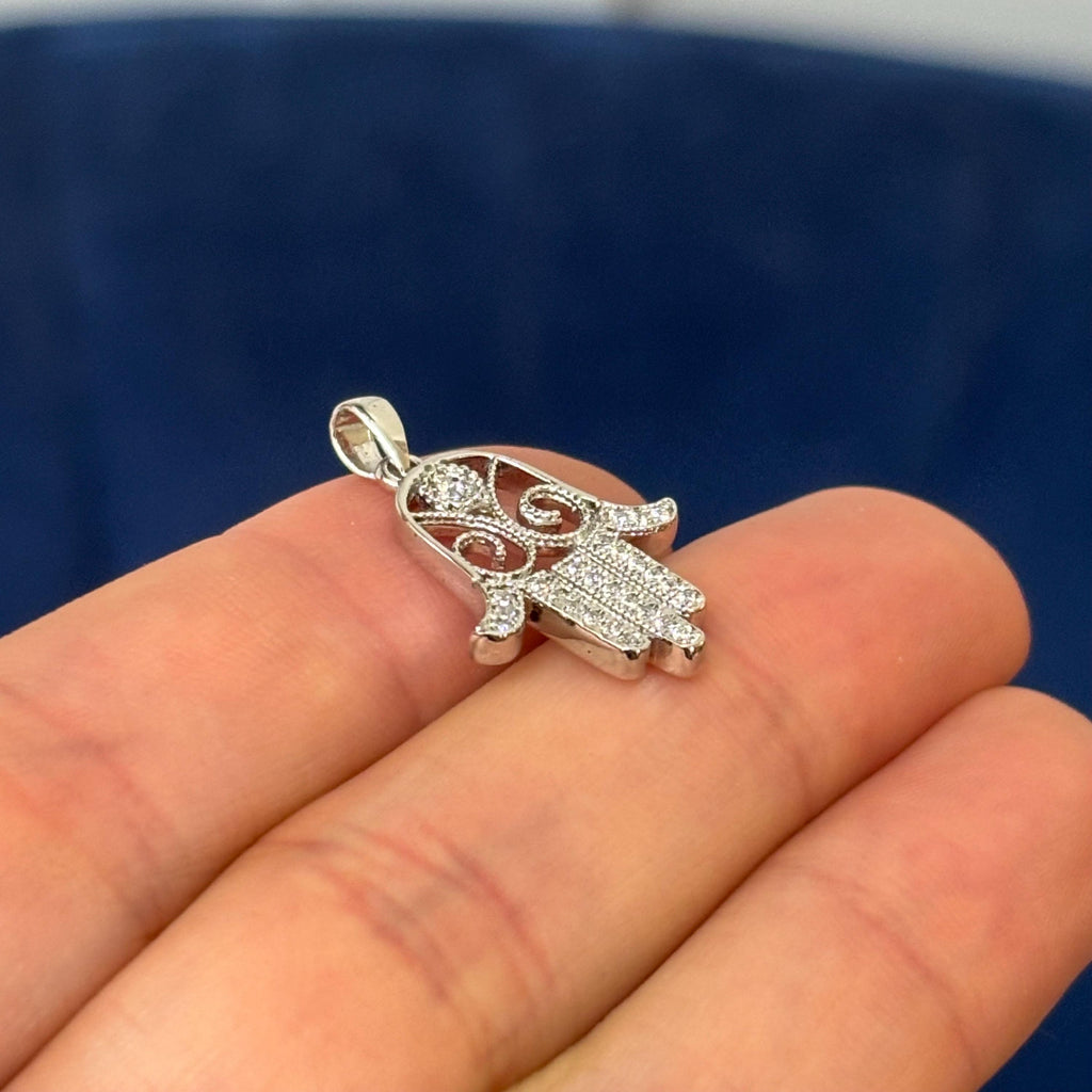 Sterling Silver Rhodium-plated CZ Chamseh Pendant