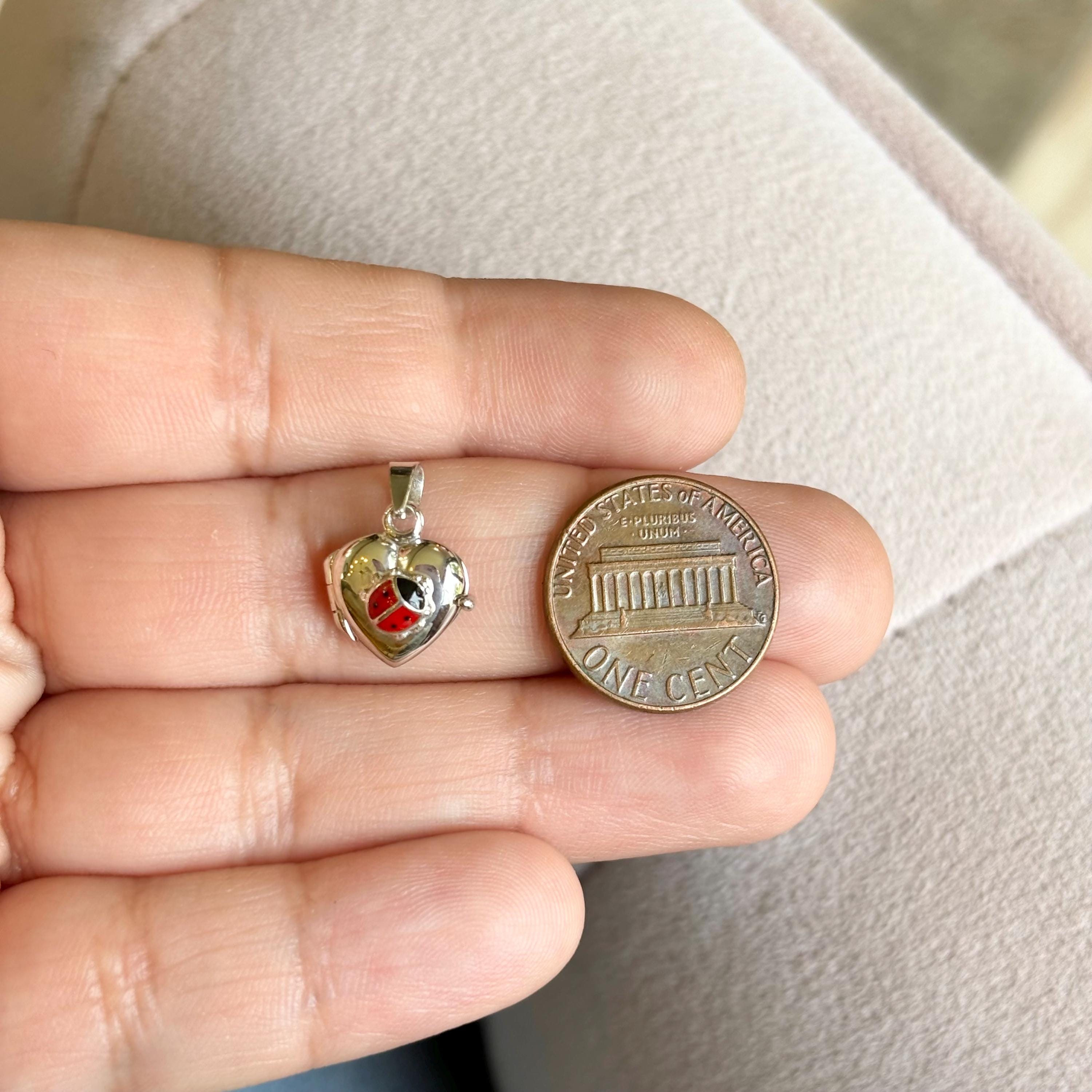Sterling Silver Red Enamel Ladybug Heart Locket Pendant Charm