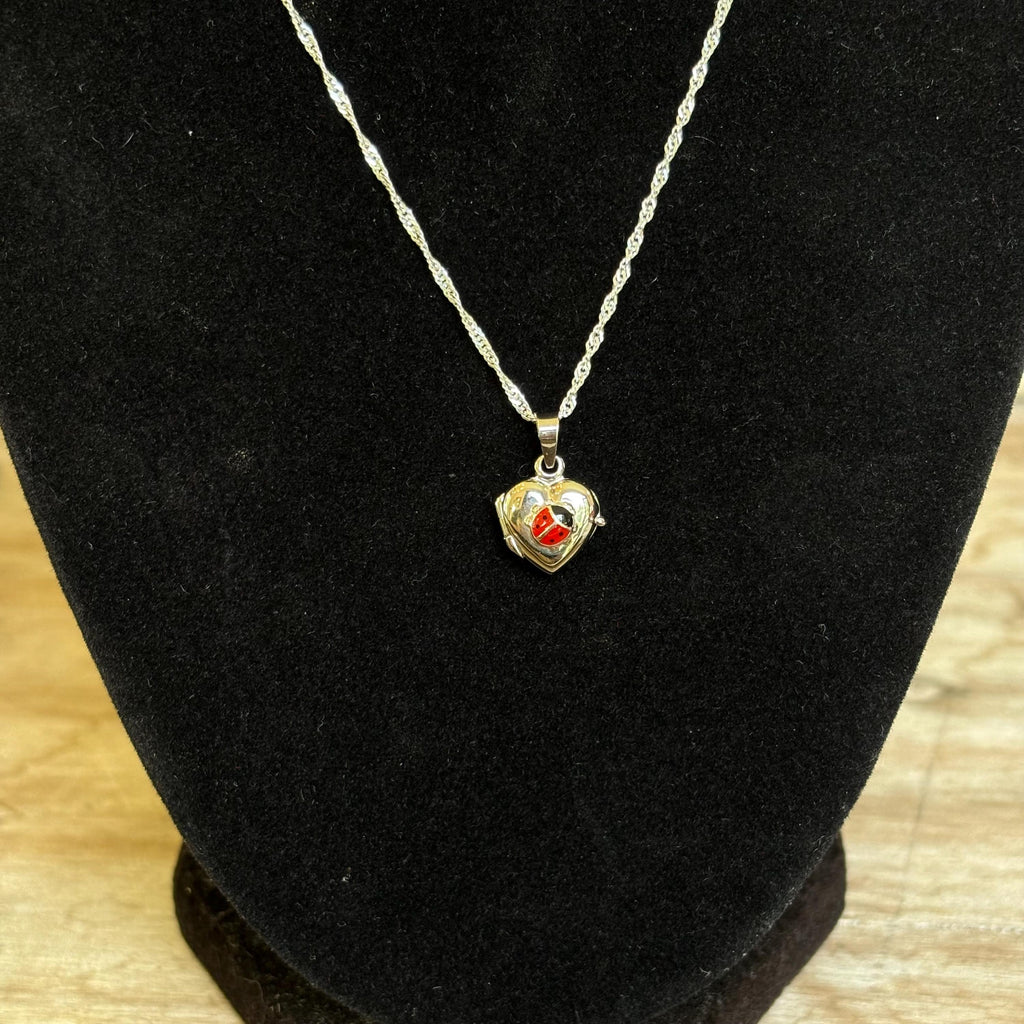 Sterling Silver Red Enamel Ladybug Heart Locket Pendant Charm