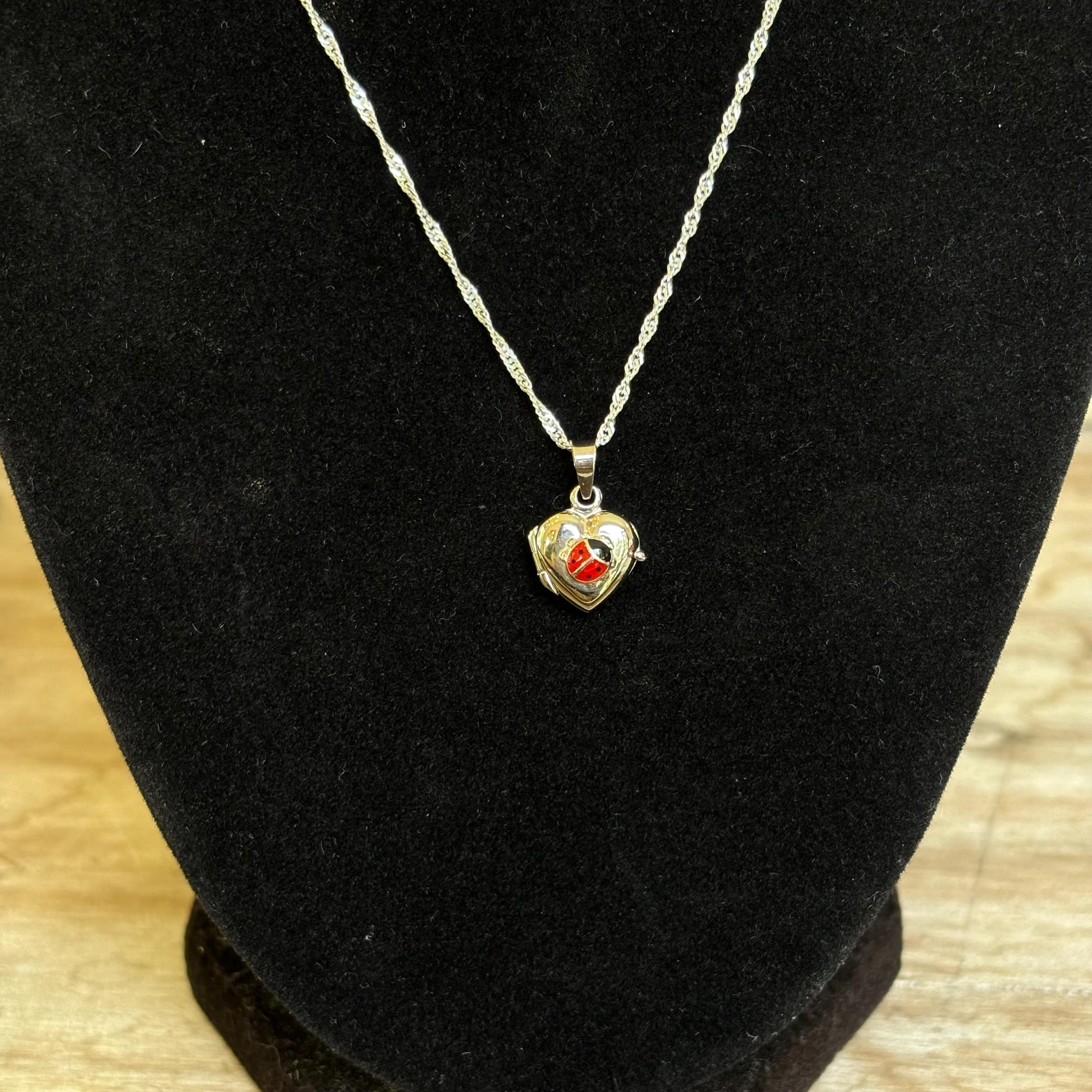 Sterling Silver Red Enamel Ladybug Heart Locket Pendant Charm
