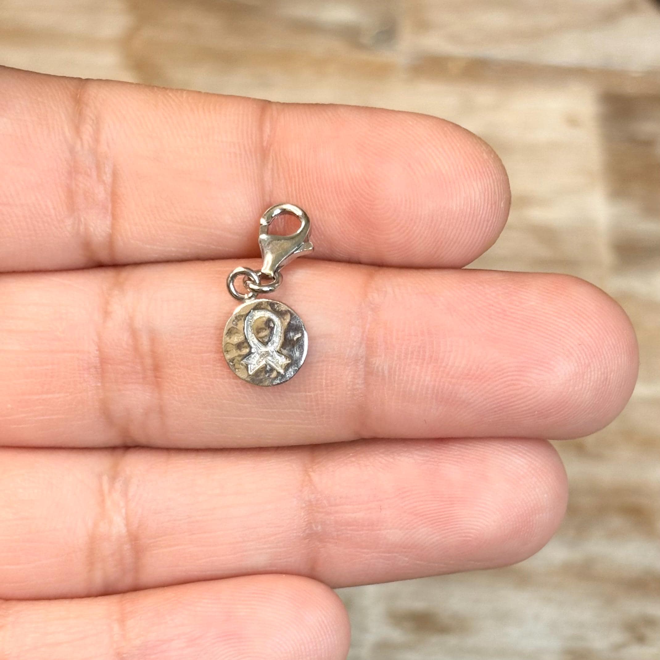 Sterling Silver Hammered Awareness Ribbon Lobster Clasp Charm