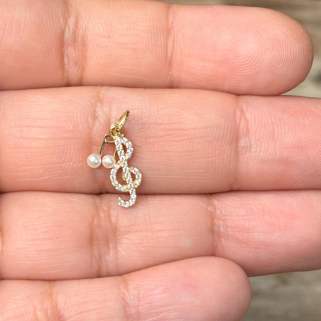 14k CZ and Freshwater Cultured Pearl Music Note and Treble Clef Pendant