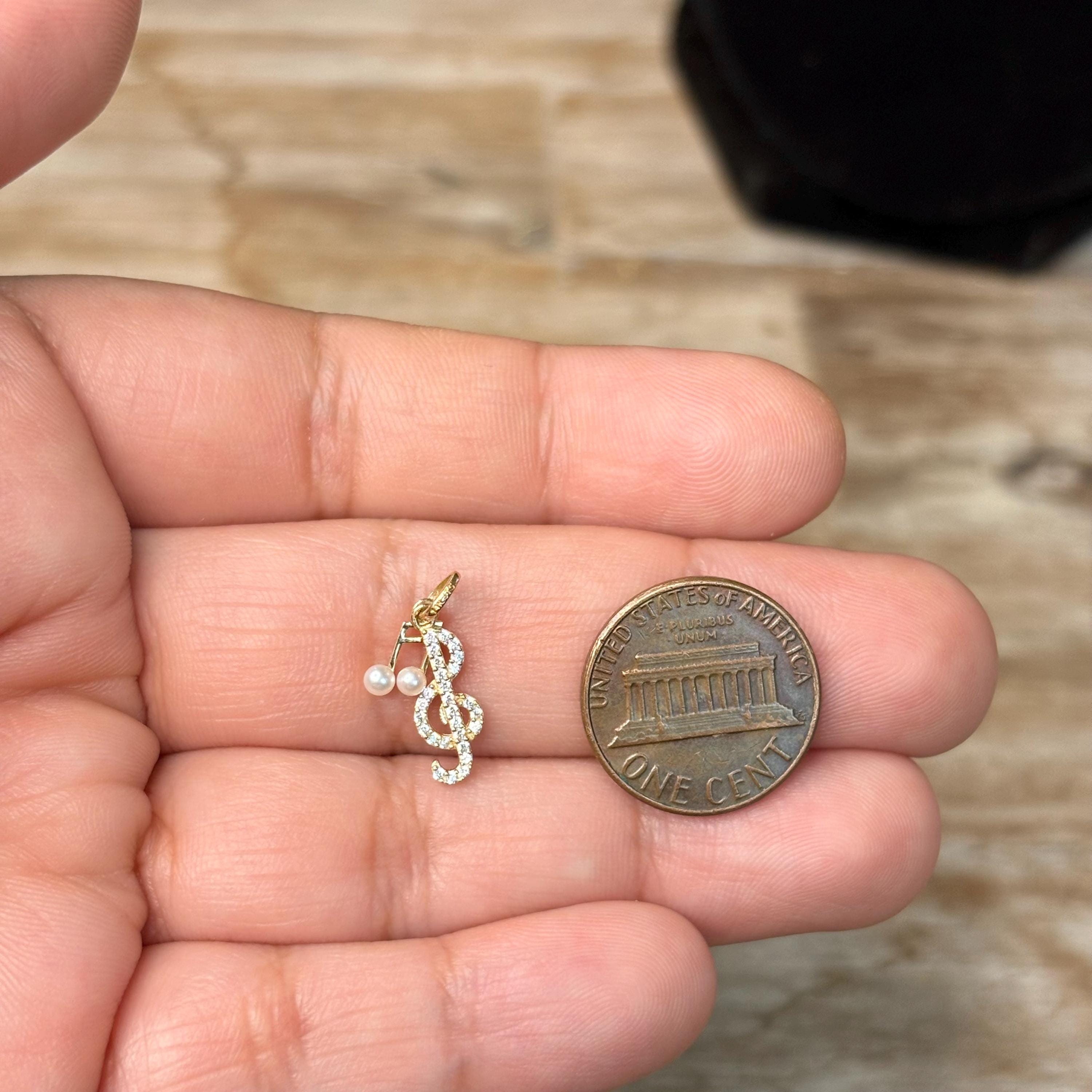 14k CZ and Freshwater Cultured Pearl Music Note and Treble Clef Pendant