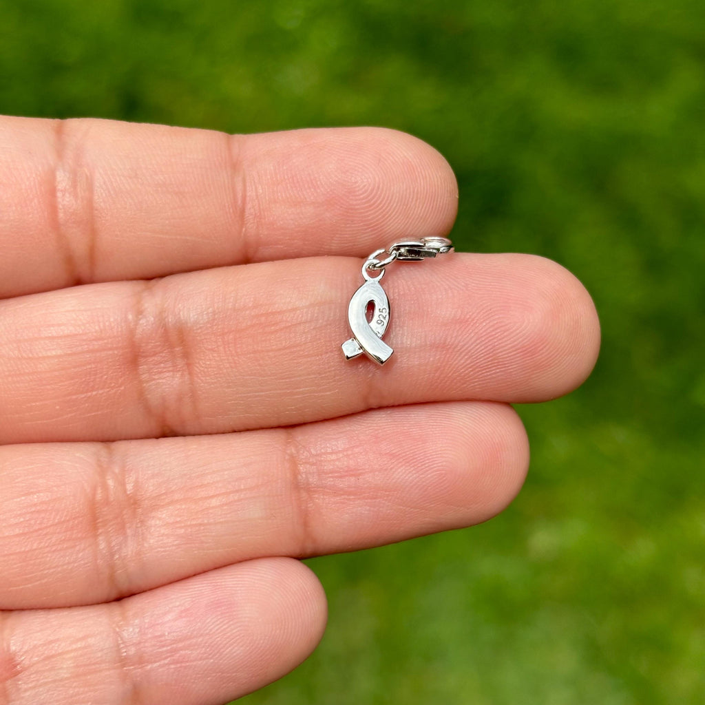 Sterling Silver Crystal Awareness Ribbon Charm with Fancy Lobster Clasp