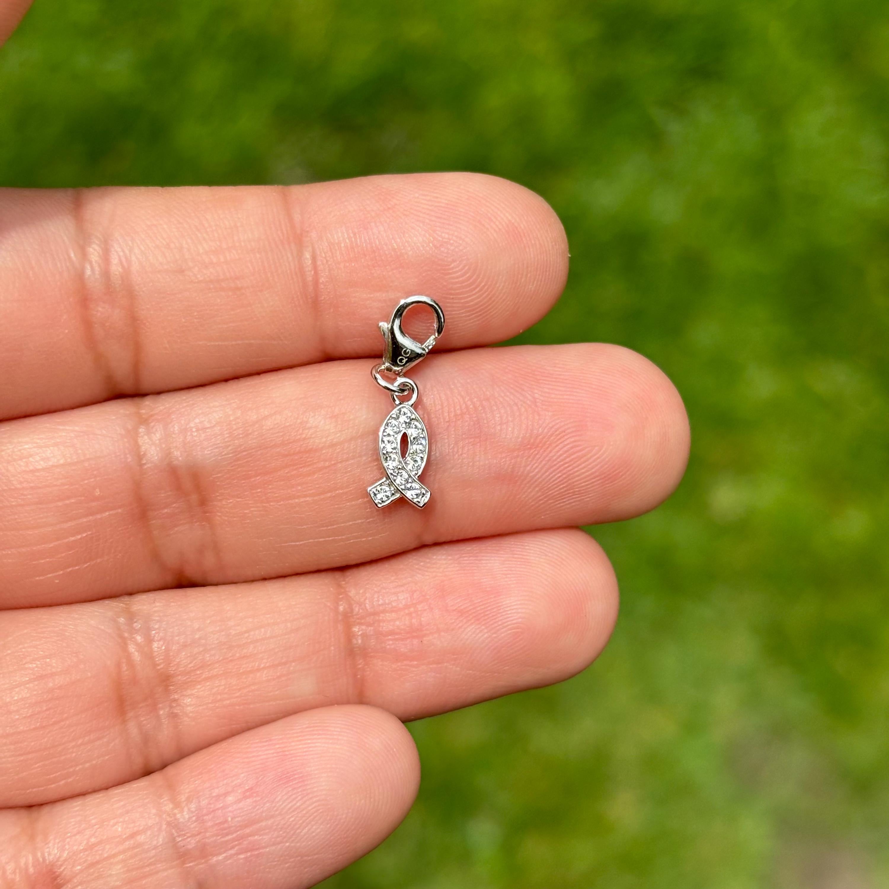 Sterling Silver Crystal Awareness Ribbon Charm with Fancy Lobster Clasp