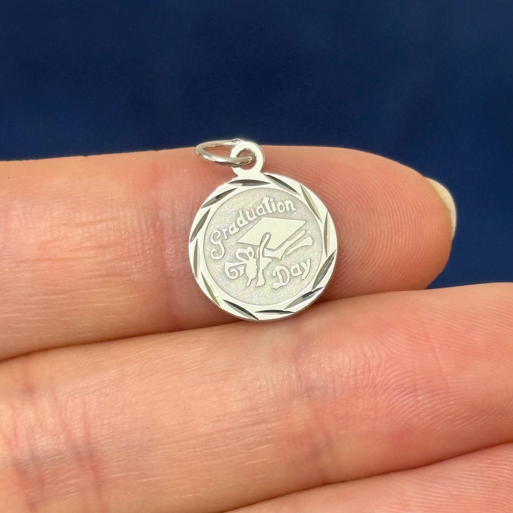 Sterling Silver Rhodium-plated Graduation Day Disc Charm
