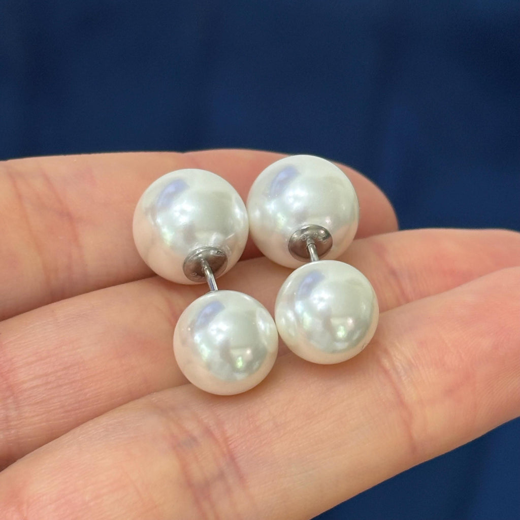 Sterling Silver White 10-11mm and White 11-12mm Imitation Shell Pearl Front Back Post Earrings