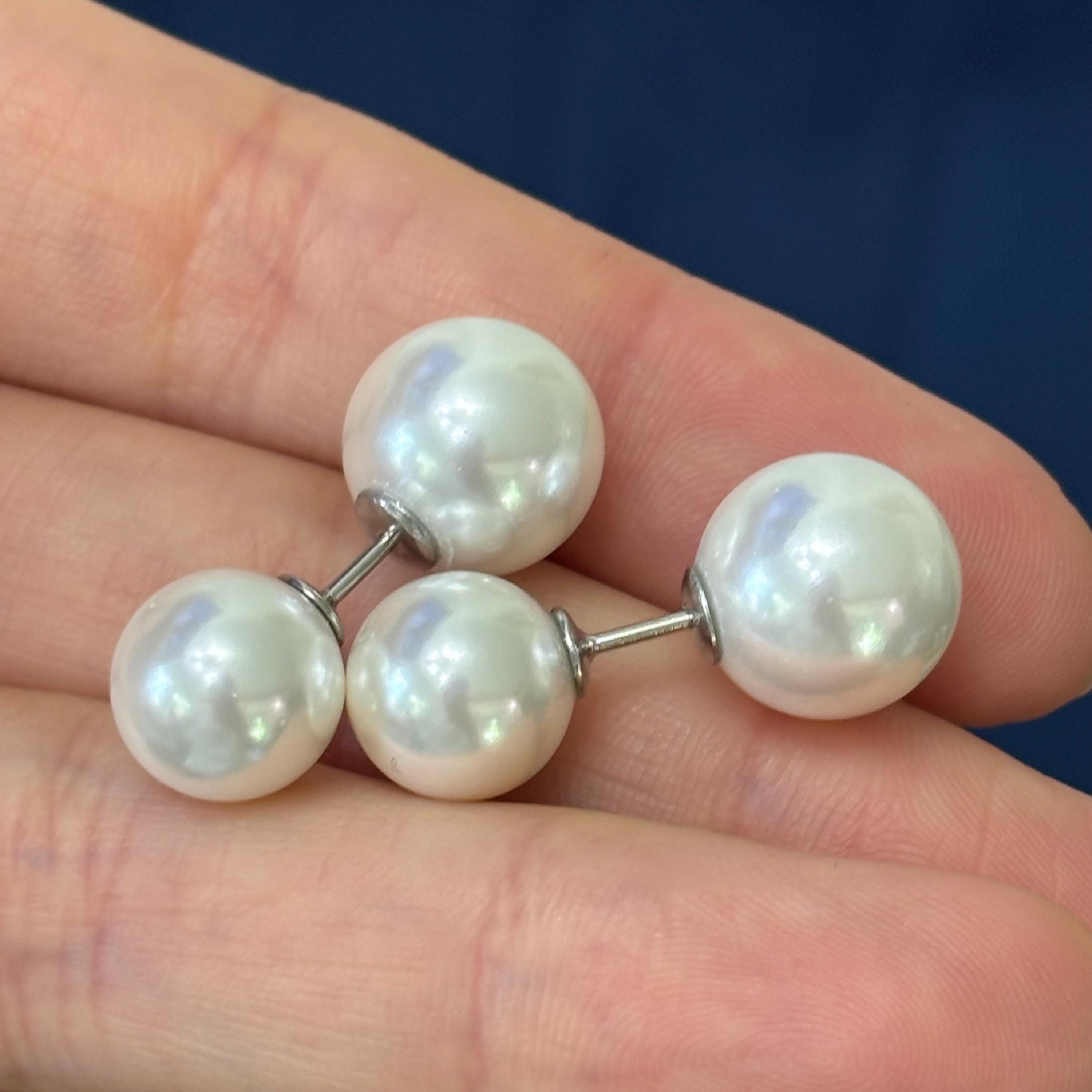 Sterling Silver White 10-11mm and White 11-12mm Imitation Shell Pearl Front Back Post Earrings