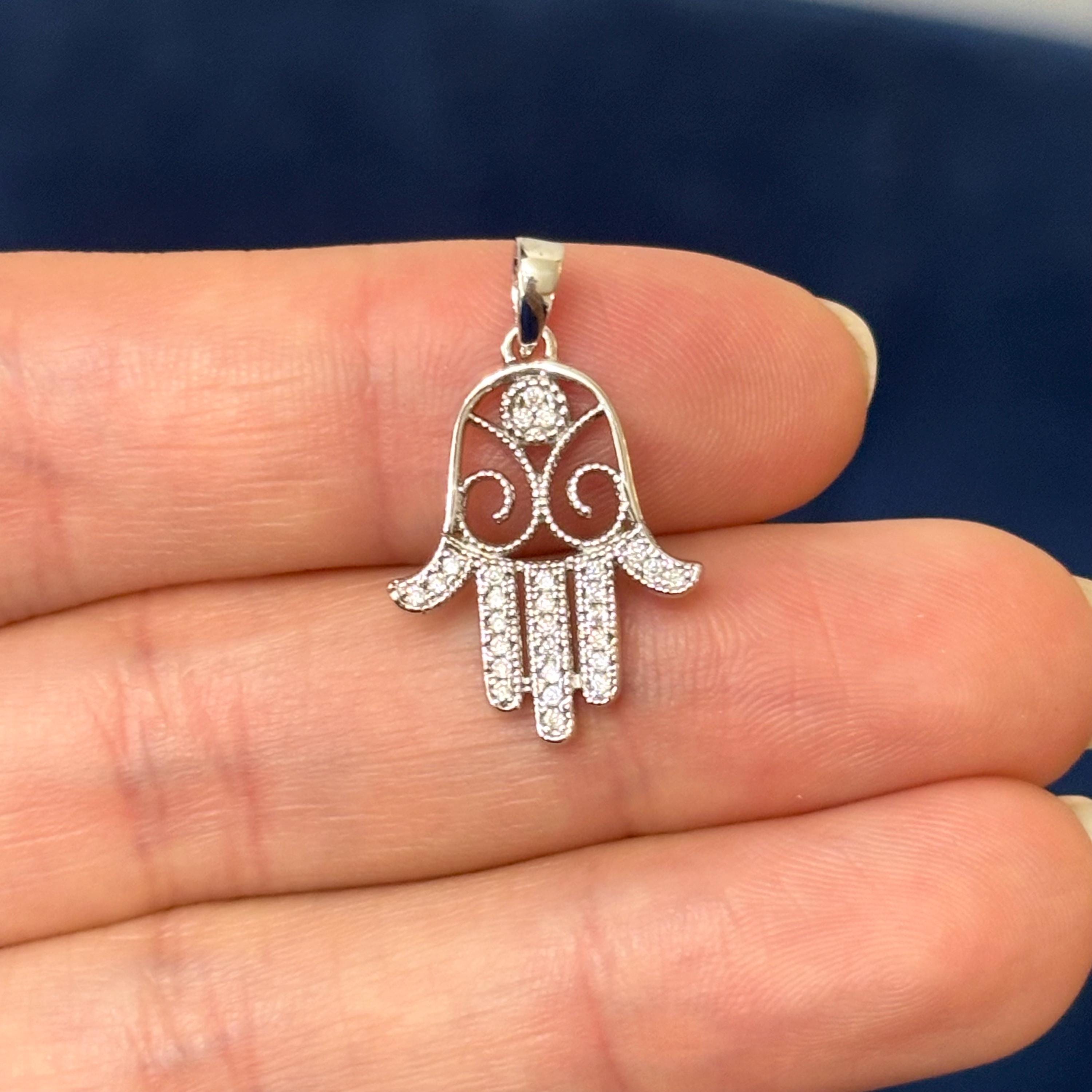 Sterling Silver Rhodium-plated CZ Chamseh Pendant