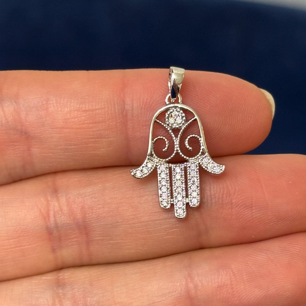 Sterling Silver Rhodium-plated CZ Chamseh Pendant