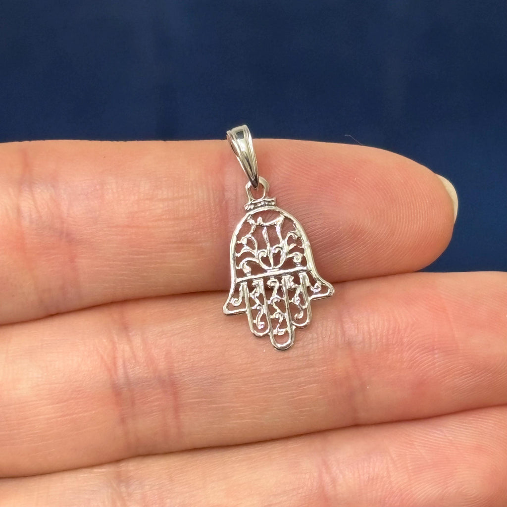 Sterling Silver Rhodium-plated Cut-Out filigree Hamsa Pendant