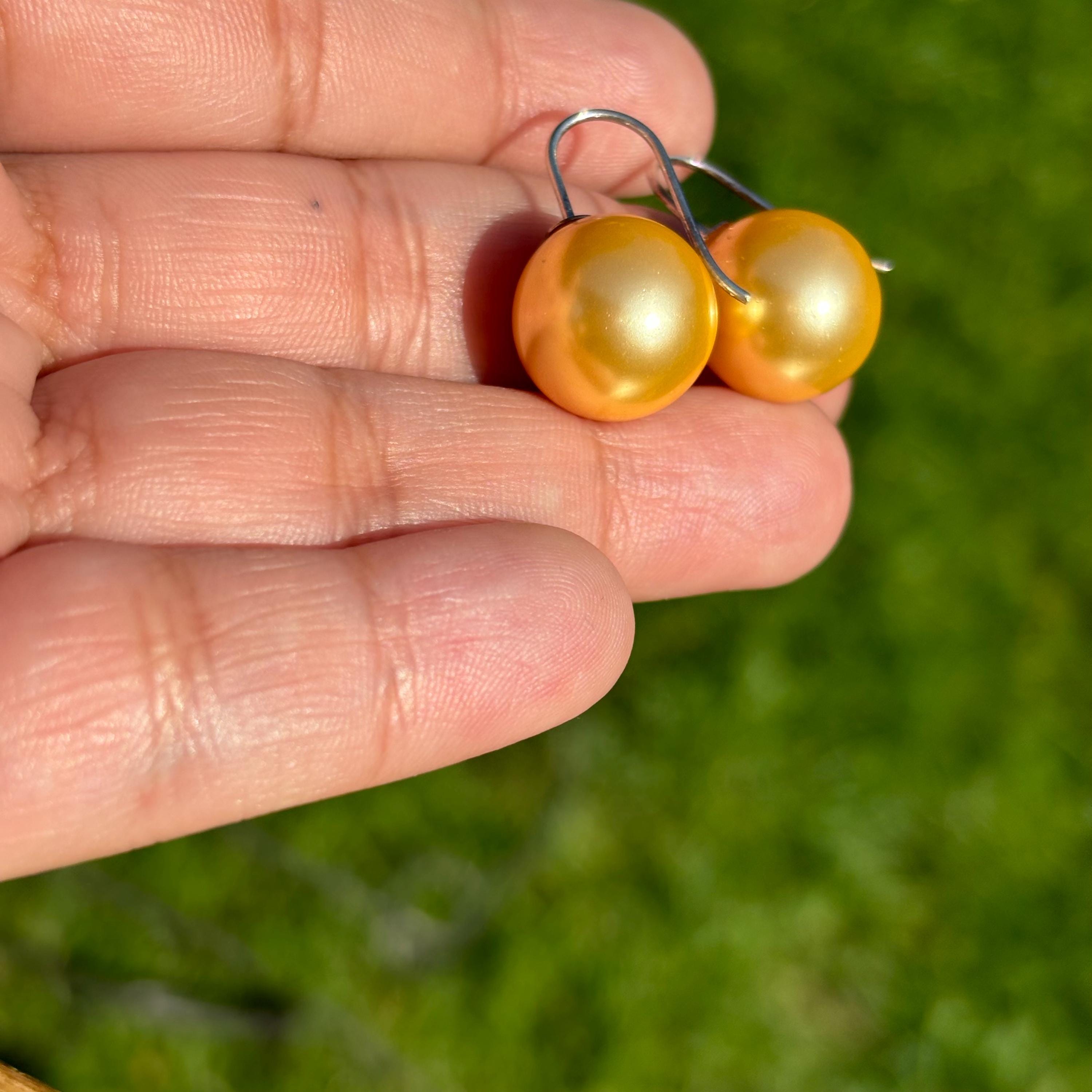 Sterling Silver 14mm Yellow Shell Bead Earrings