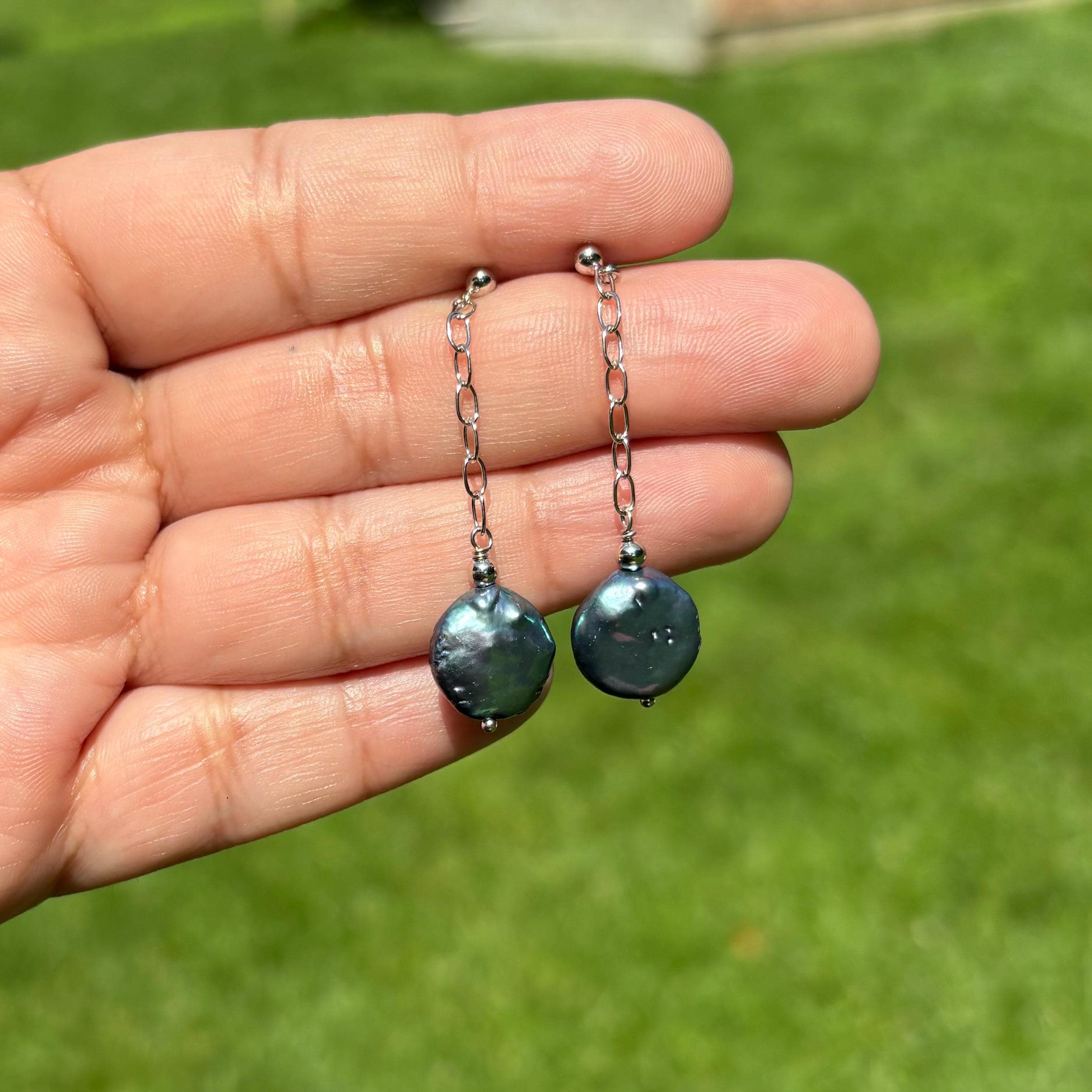 Sterling Silver Cultured Freshwater Black Coin Pearl Earrings
