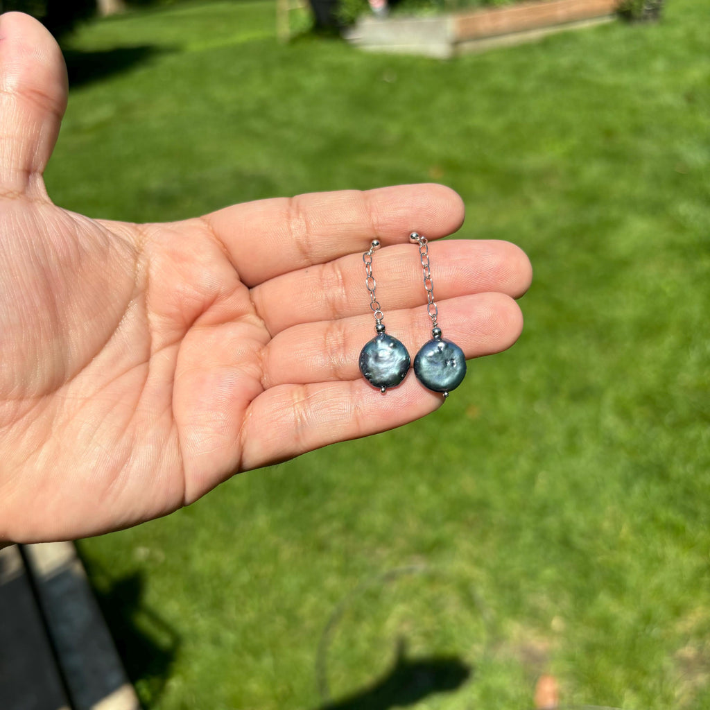 Sterling Silver Cultured Freshwater Black Coin Pearl Earrings