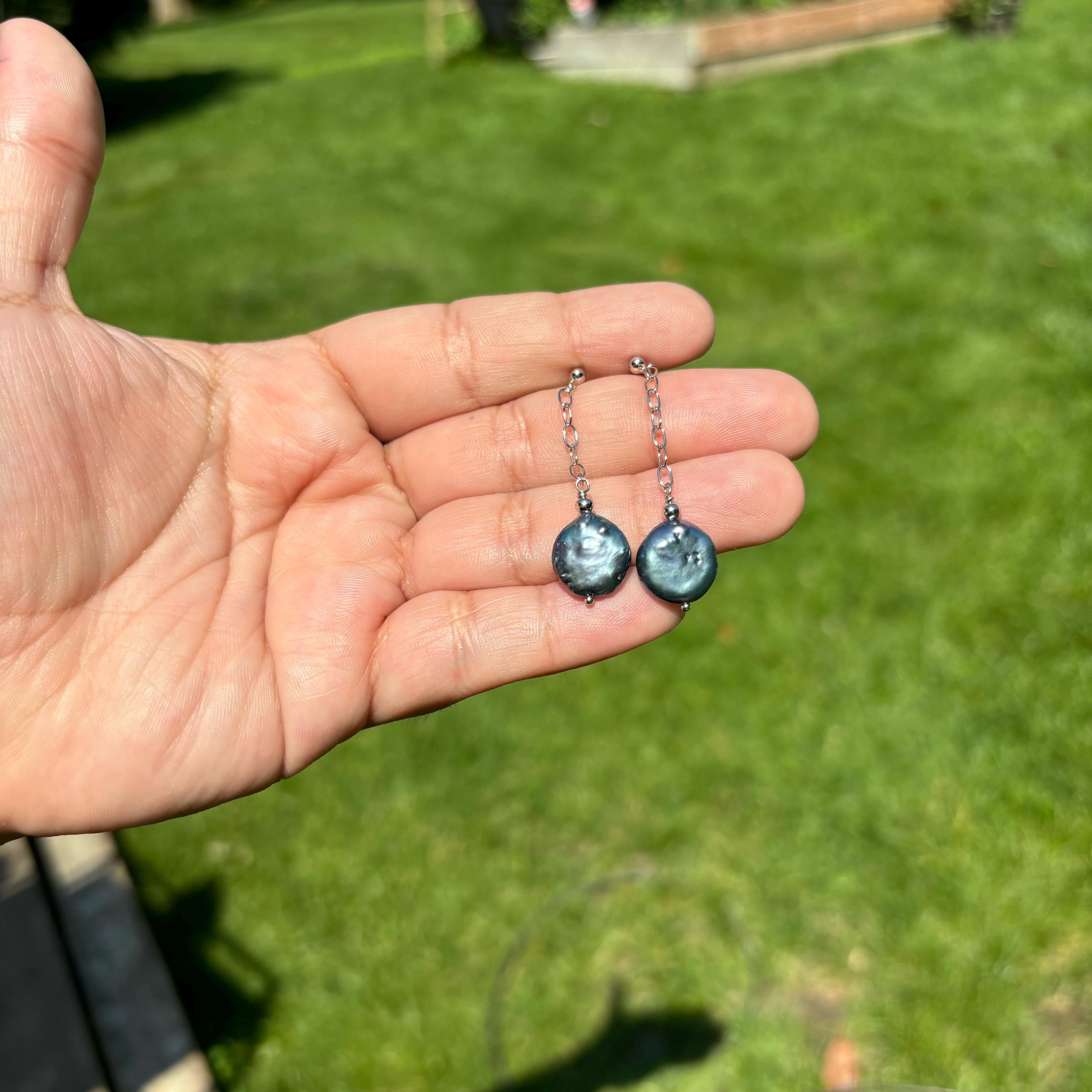 Sterling Silver Cultured Freshwater Black Coin Pearl Earrings