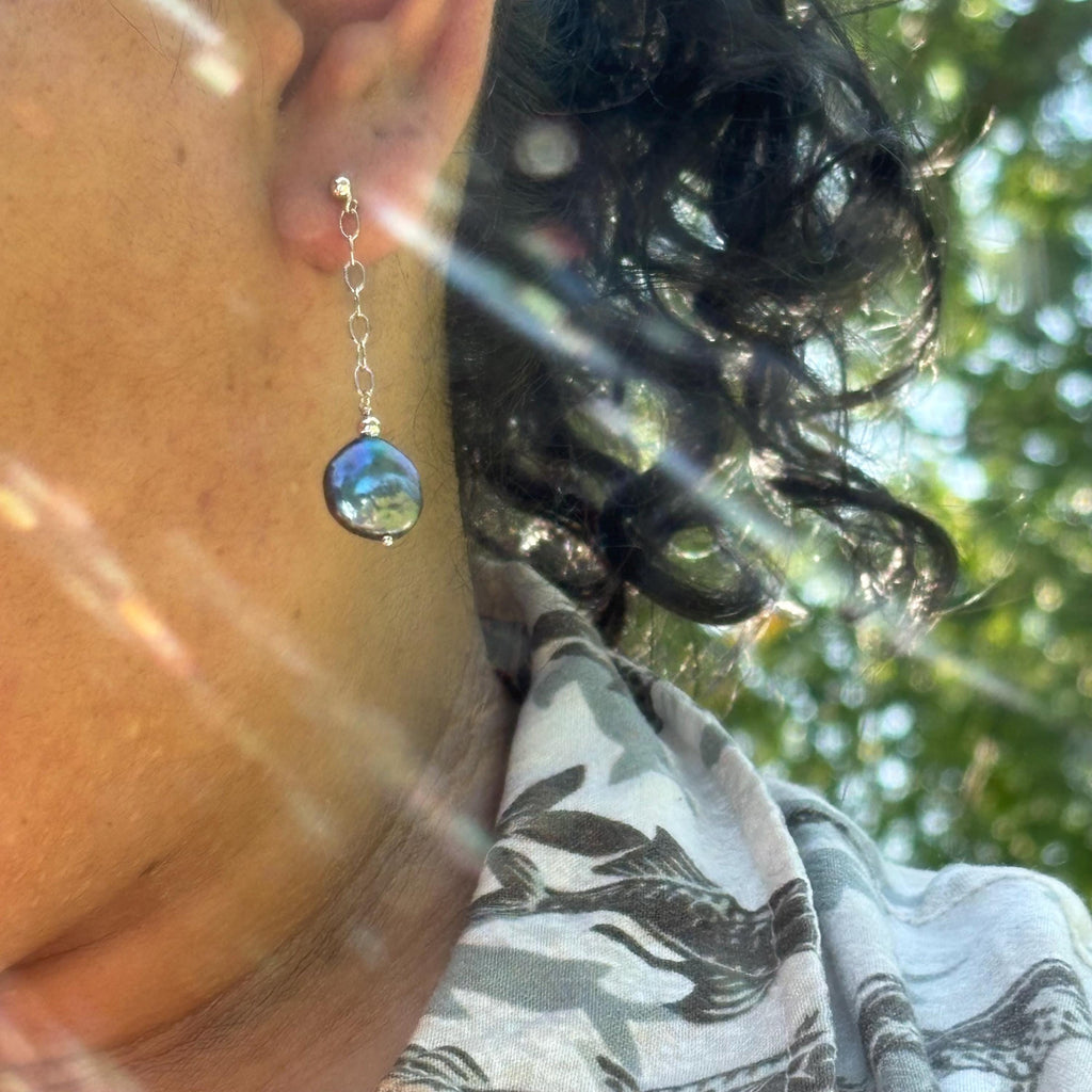 Sterling Silver Cultured Freshwater Black Coin Pearl Earrings
