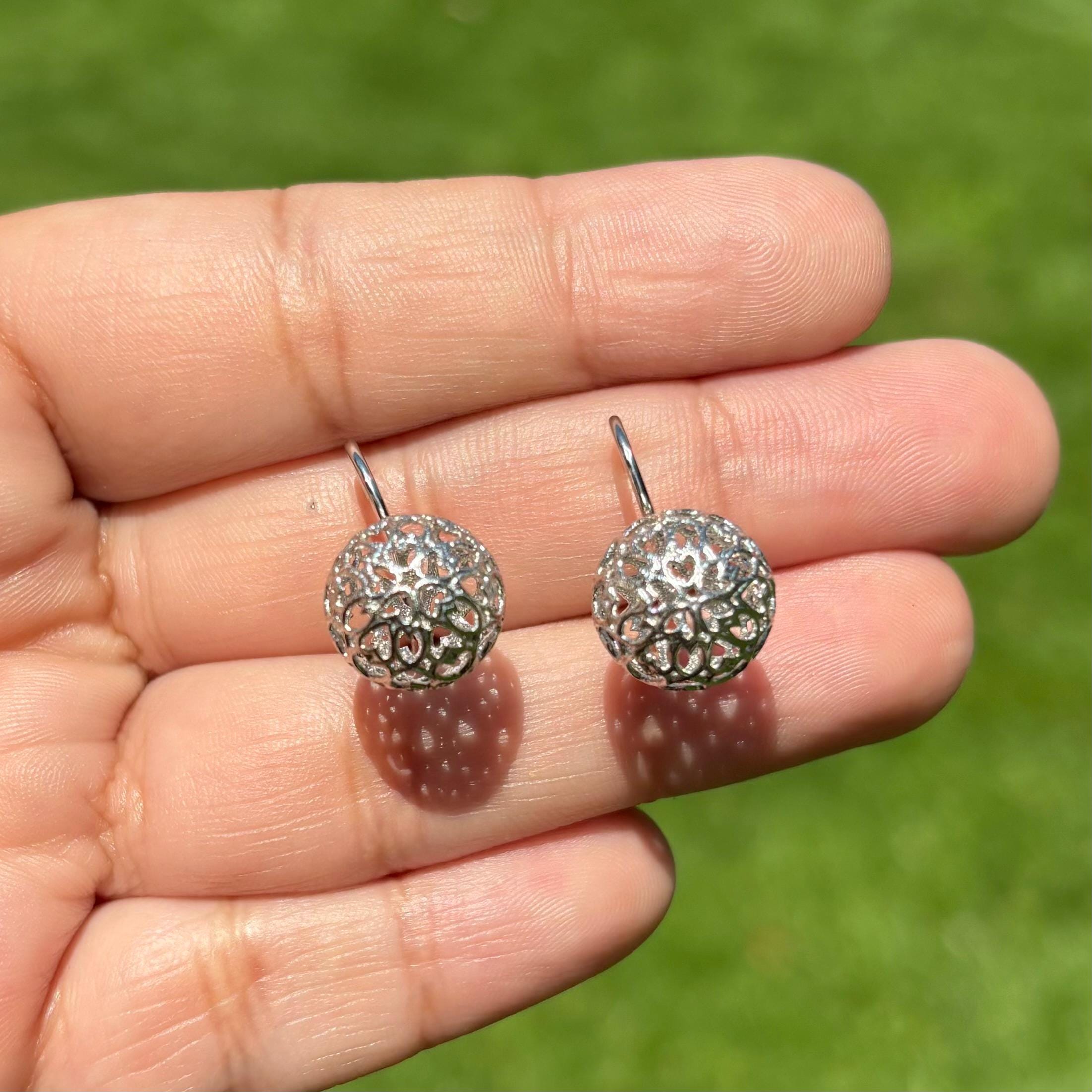 Sterling Silver Heart Cut-out Ball Dangle Earrings
