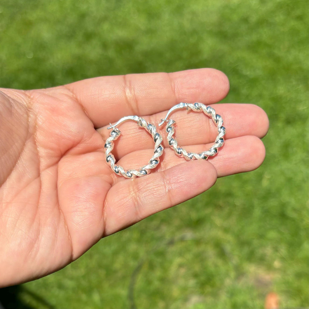 Sterling Silver Polished and Textured Twisted Circle Hoop Earrings