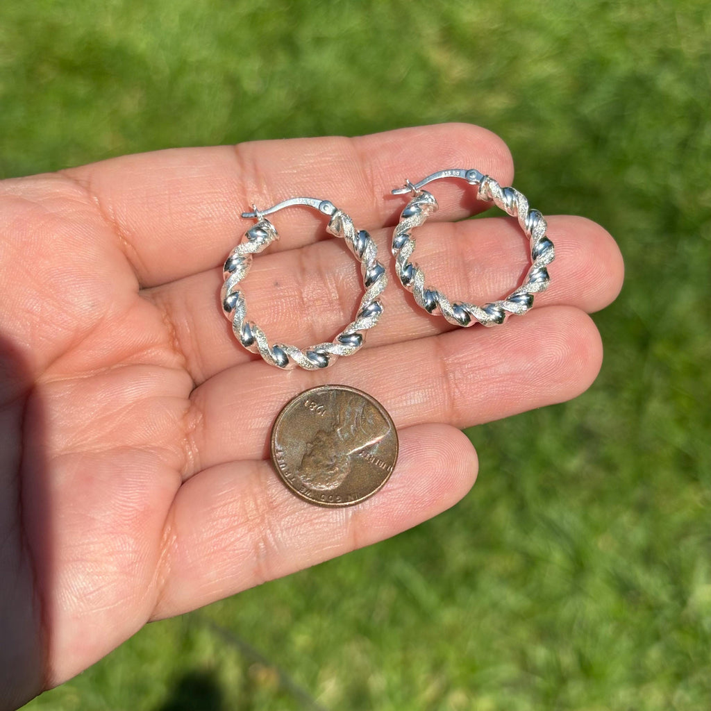 Sterling Silver Polished and Textured Twisted Circle Hoop Earrings