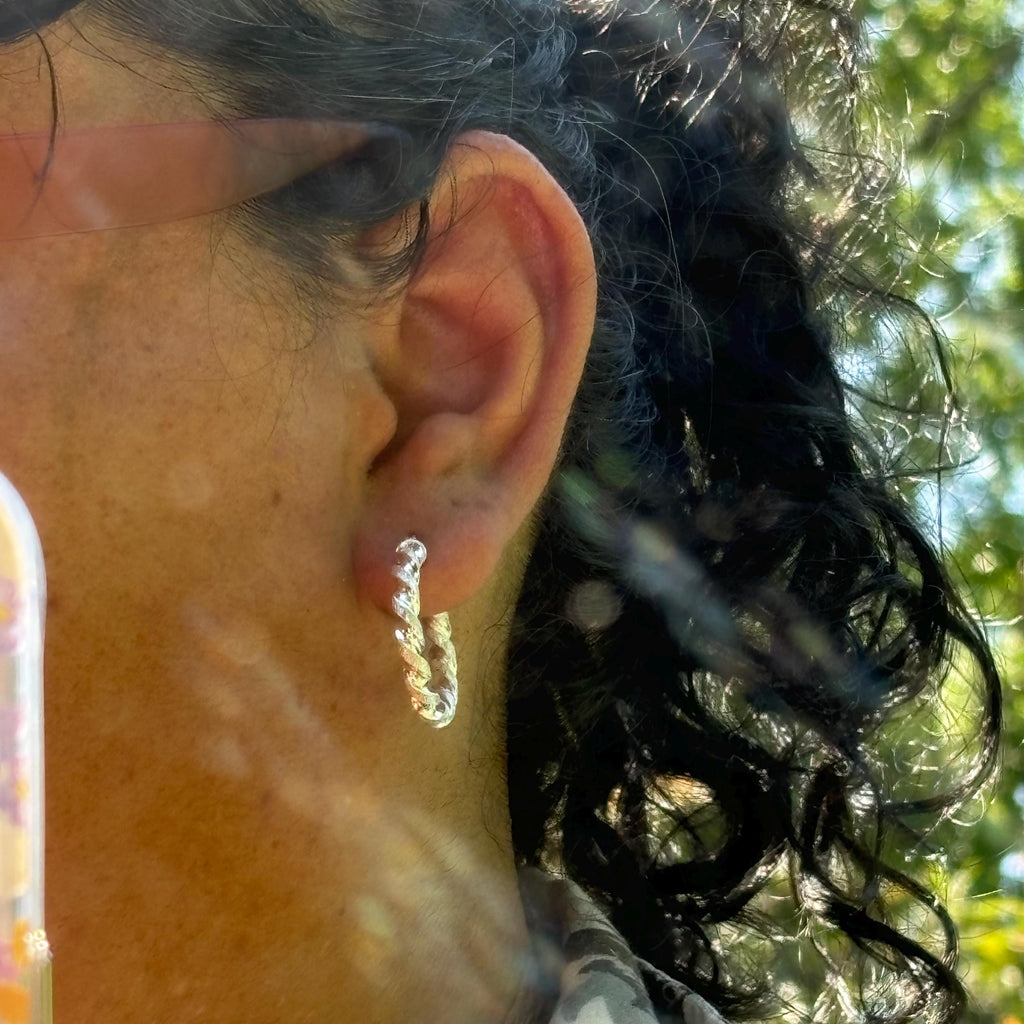 Sterling Silver Polished and Textured Twisted Circle Hoop Earrings