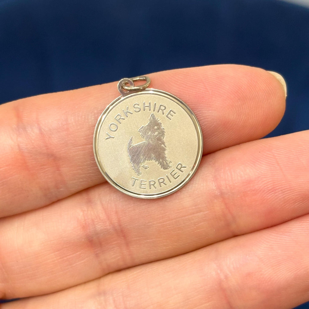 Sterling Silver Yorkshire Terrier Shiny and Matte Disc Charm Pendant