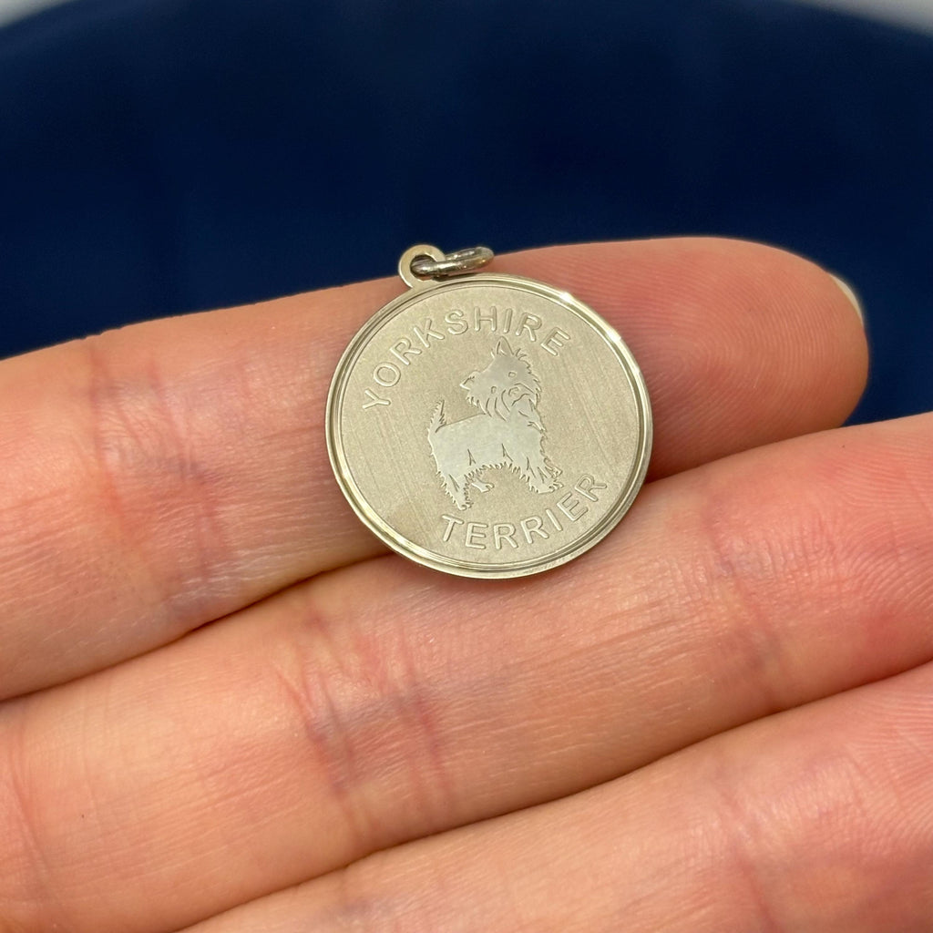 Sterling Silver Yorkshire Terrier Shiny and Matte Disc Charm Pendant