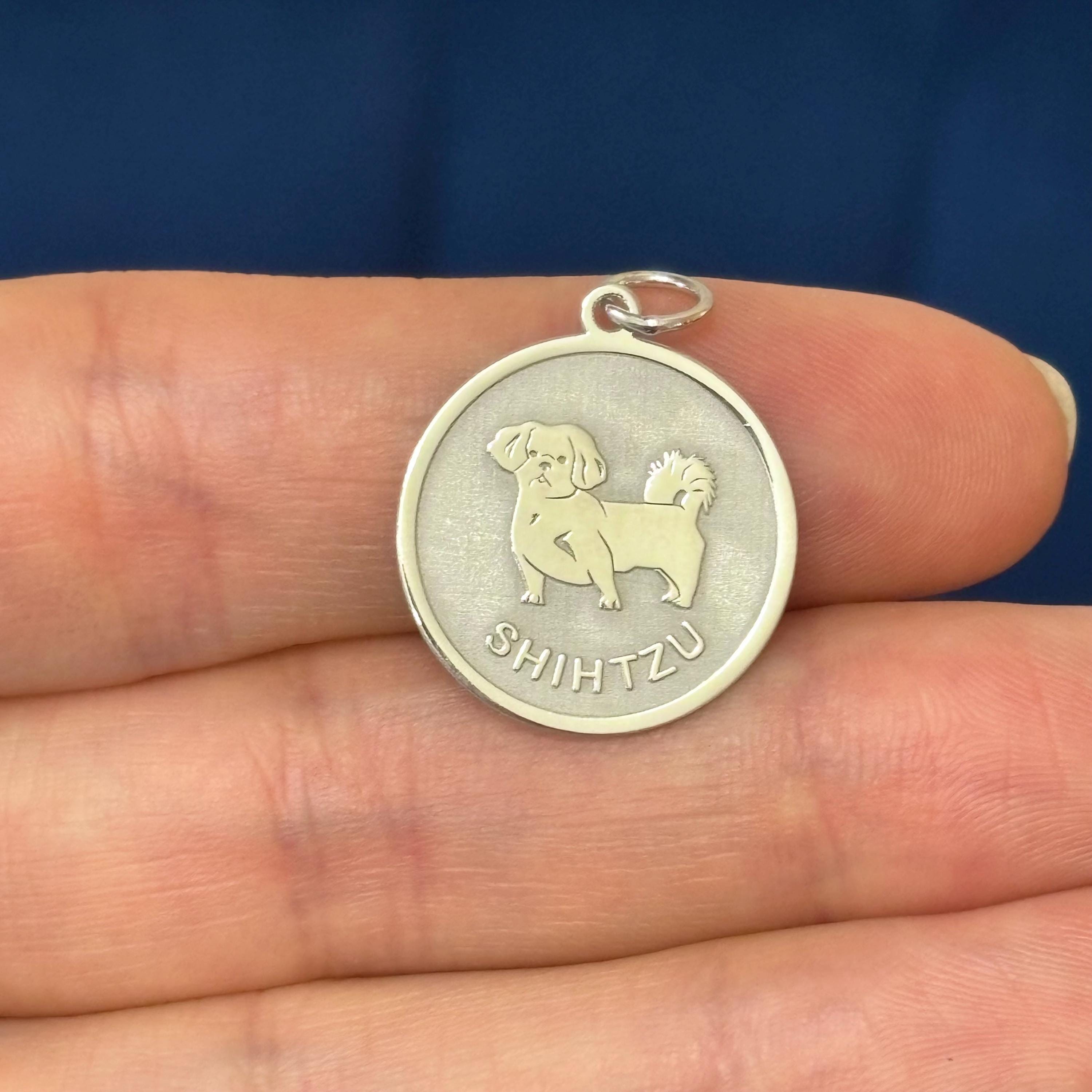 Sterling Silver Shih Tzu Shiny and Matte Disc Charm Pendant