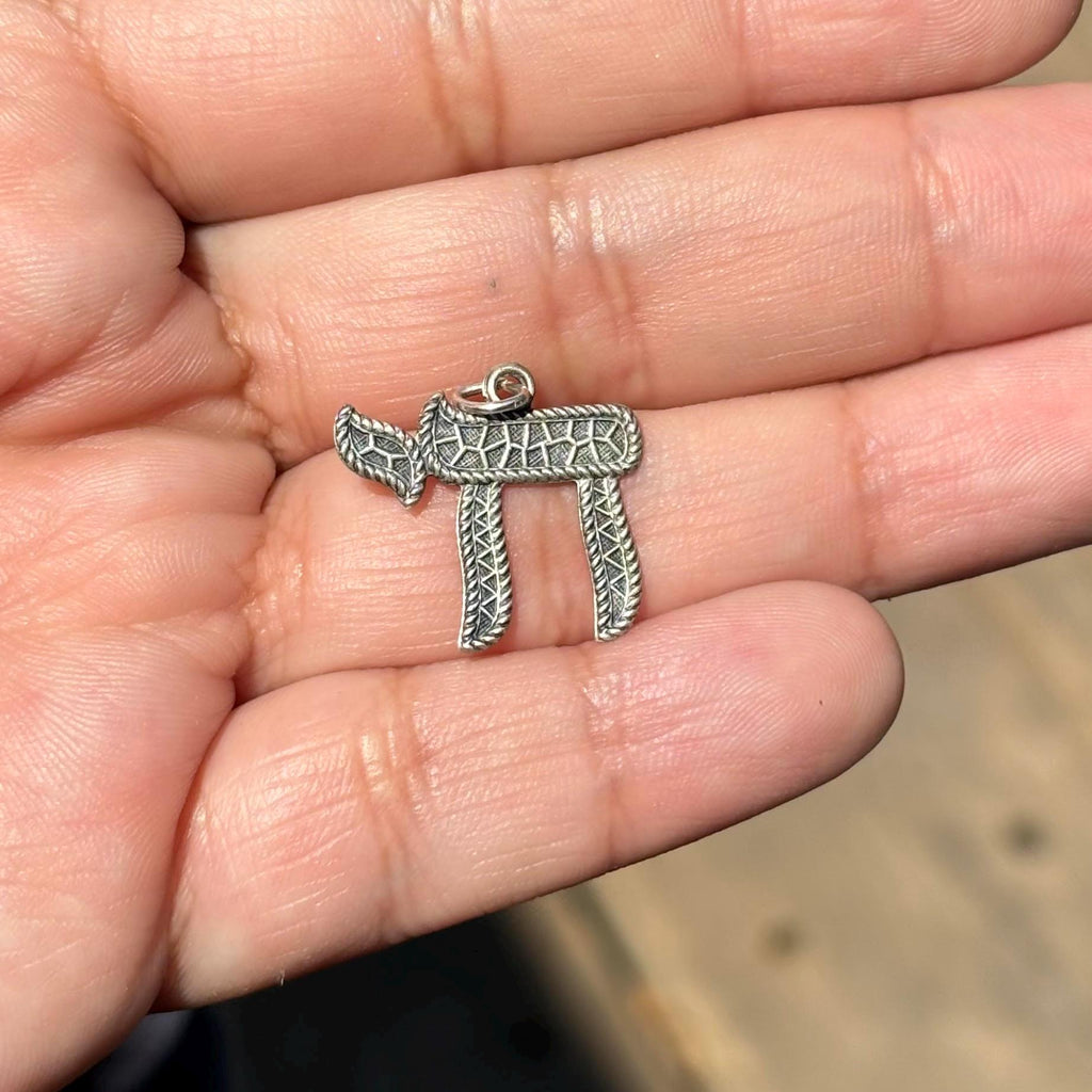Sterling Silver Solid Antiqued Textured Chai Pendant
