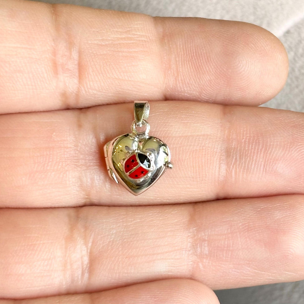 Sterling Silver Red Enamel Ladybug Heart Locket Pendant Charm