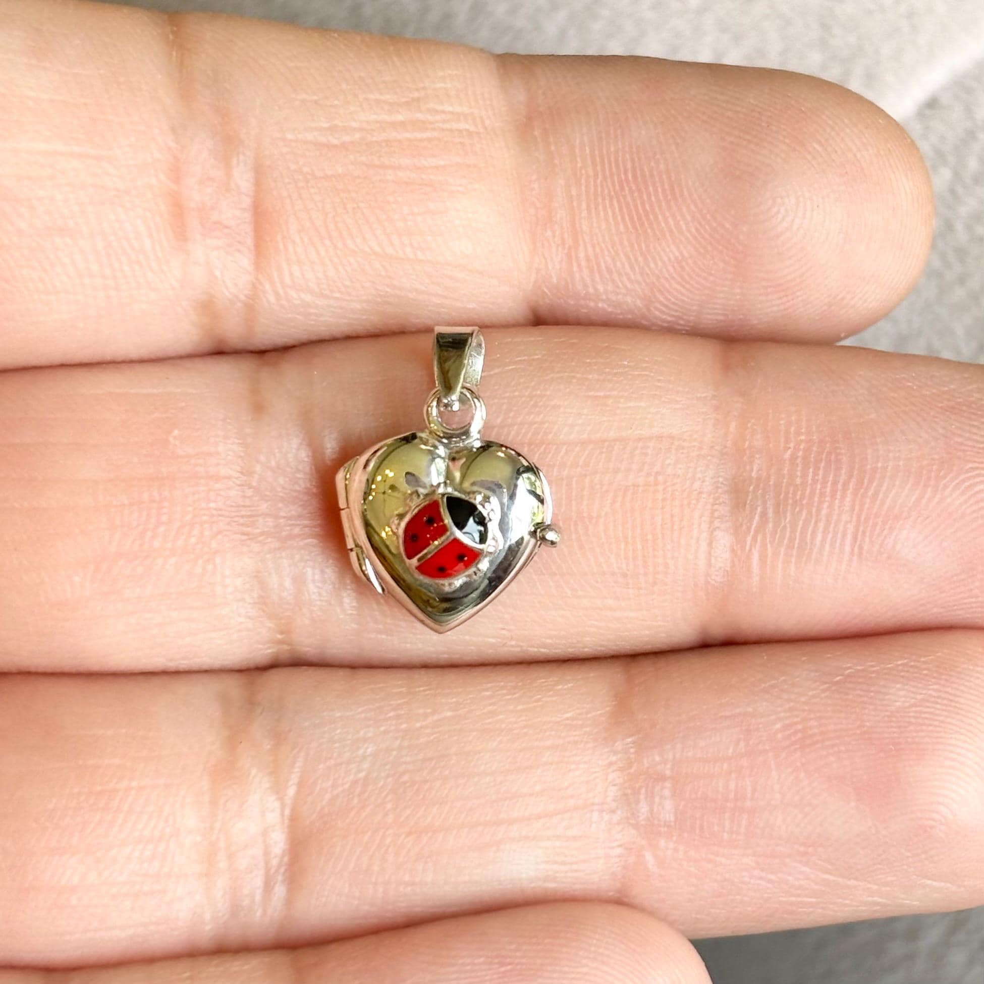 Sterling Silver Red Enamel Ladybug Heart Locket Pendant Charm