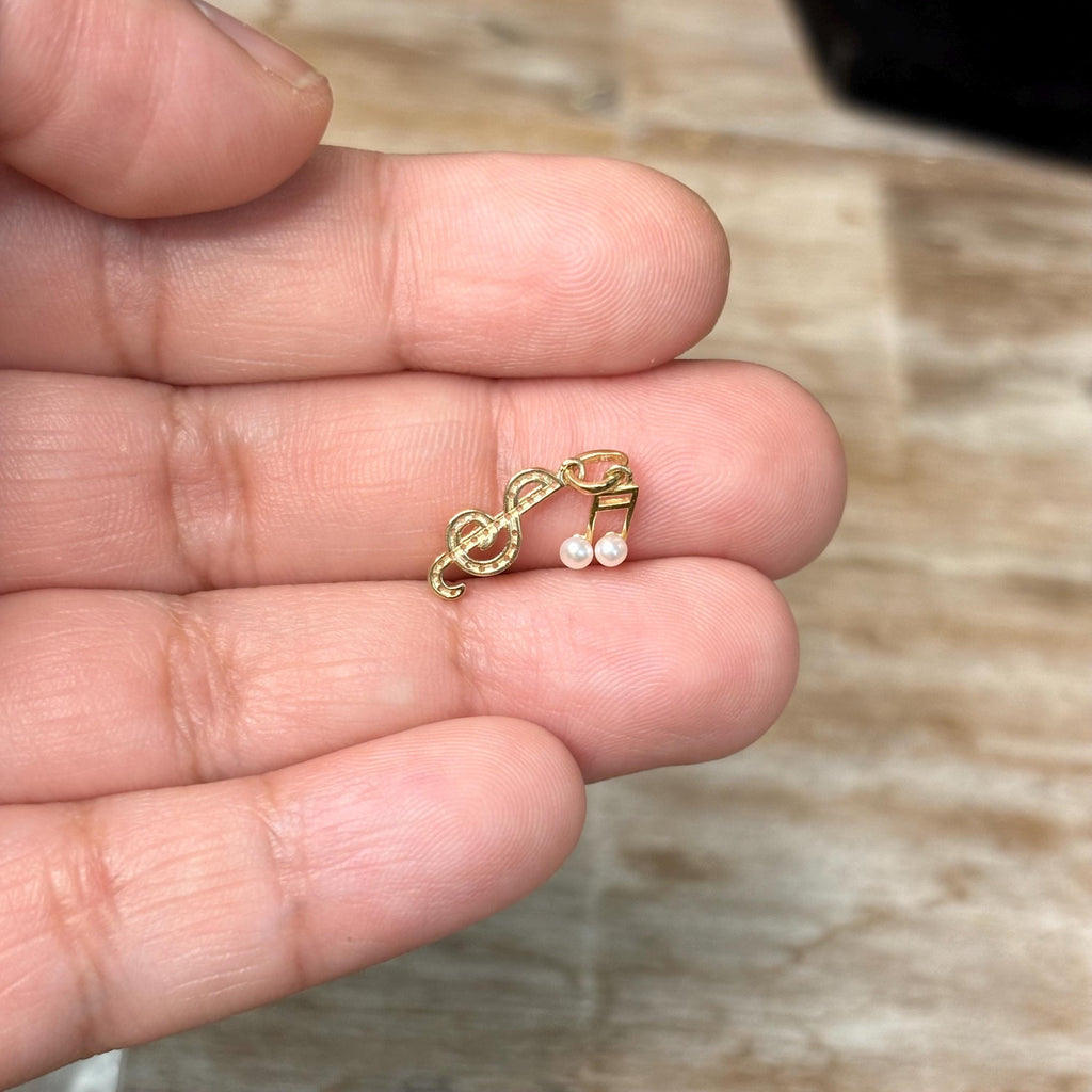 14k CZ and Freshwater Cultured Pearl Music Note and Treble Clef Pendant