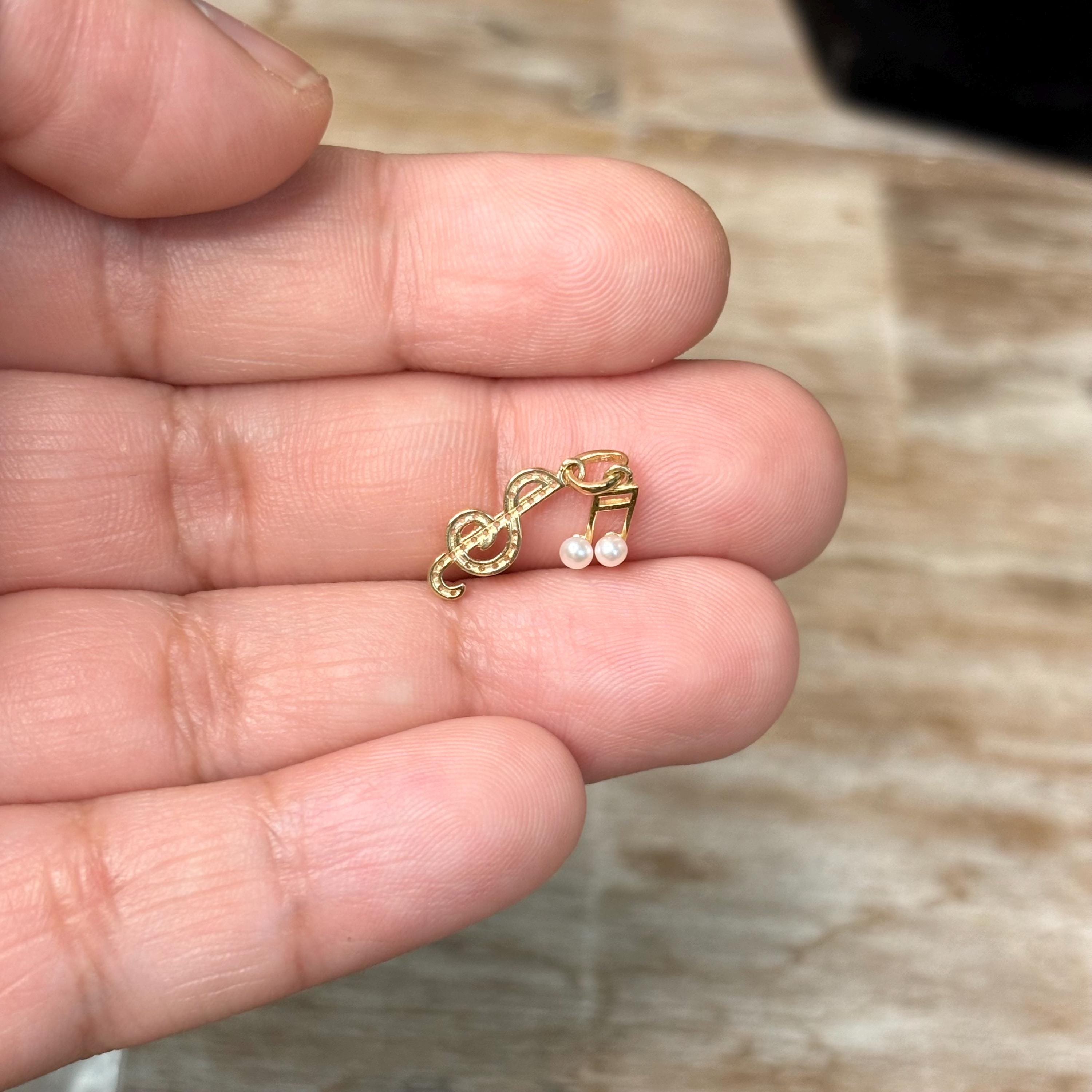 14k CZ and Freshwater Cultured Pearl Music Note and Treble Clef Pendant