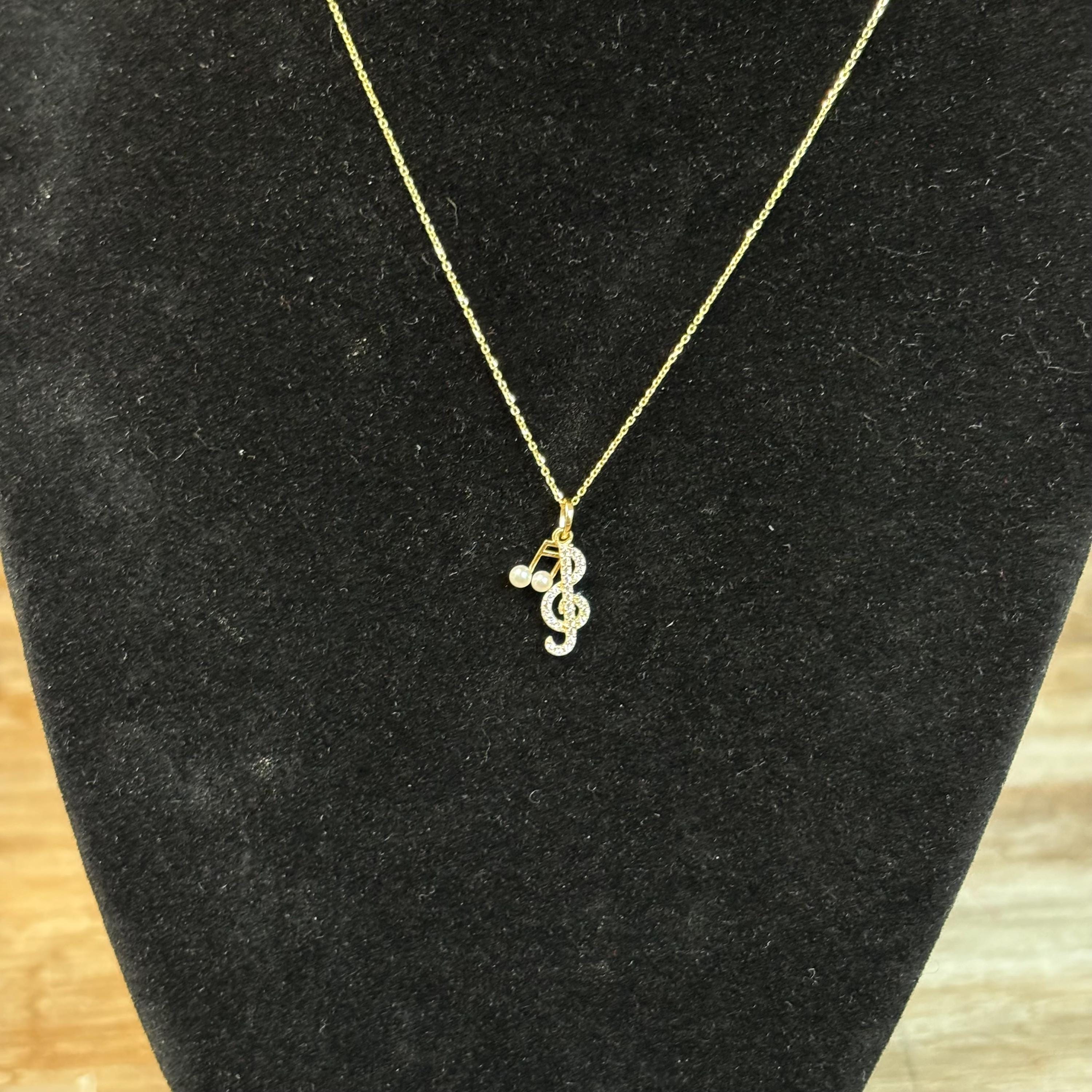 14k CZ and Freshwater Cultured Pearl Music Note and Treble Clef Pendant