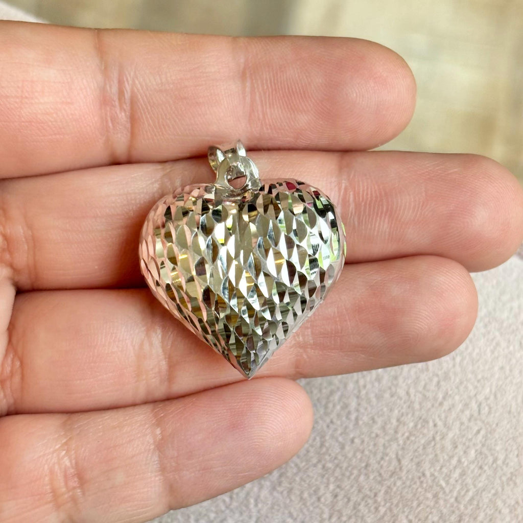 Sterling Silver Polished and Diamond-cut Two-sided Heart Charm Pendant