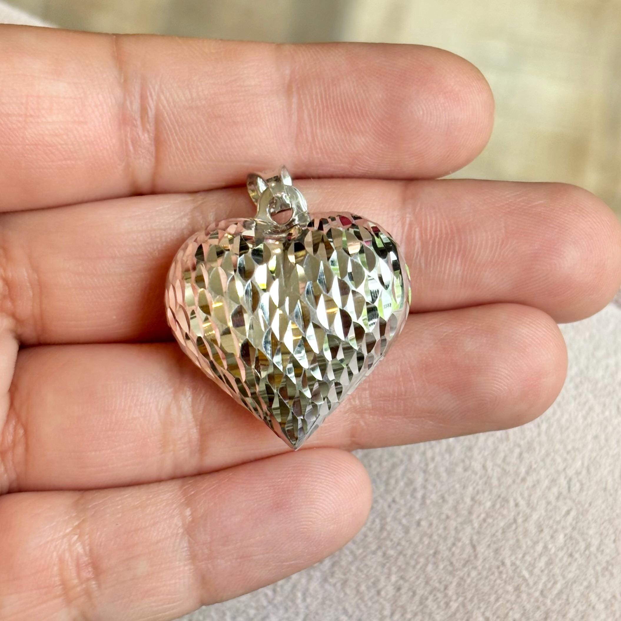 Sterling Silver Polished and Diamond-cut Two-sided Heart Charm Pendant