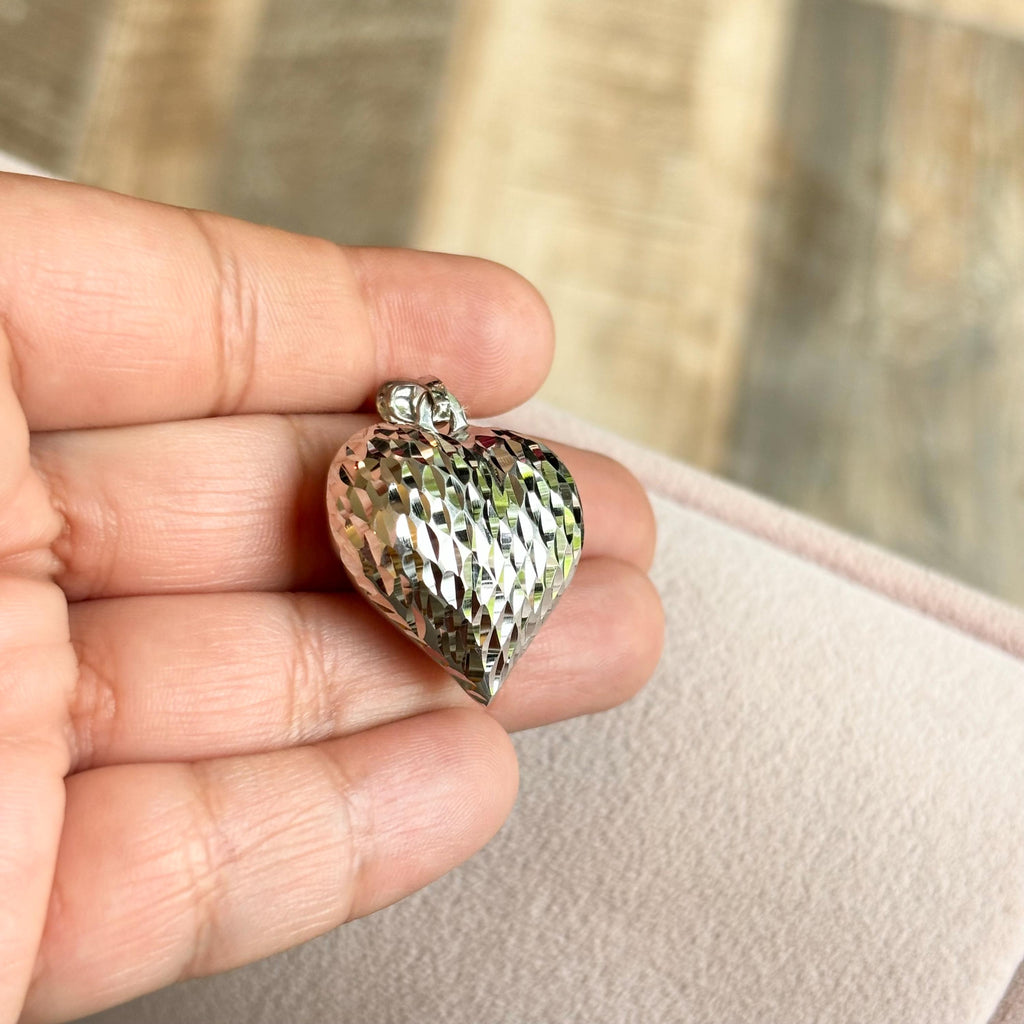 Sterling Silver Polished and Diamond-cut Two-sided Heart Charm Pendant