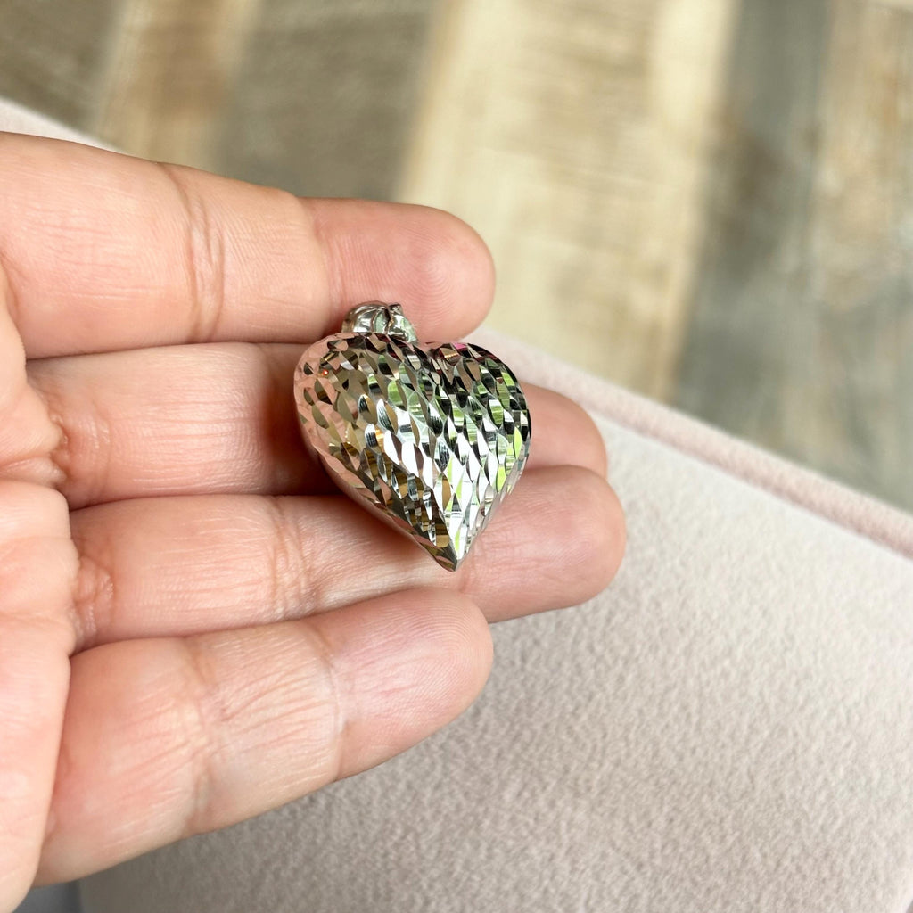 Sterling Silver Polished and Diamond-cut Two-sided Heart Charm Pendant