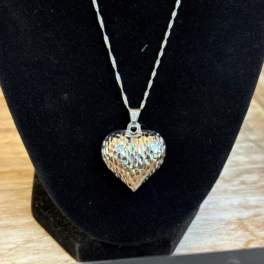 Sterling Silver Polished and Diamond-cut Two-sided Heart Charm Pendant