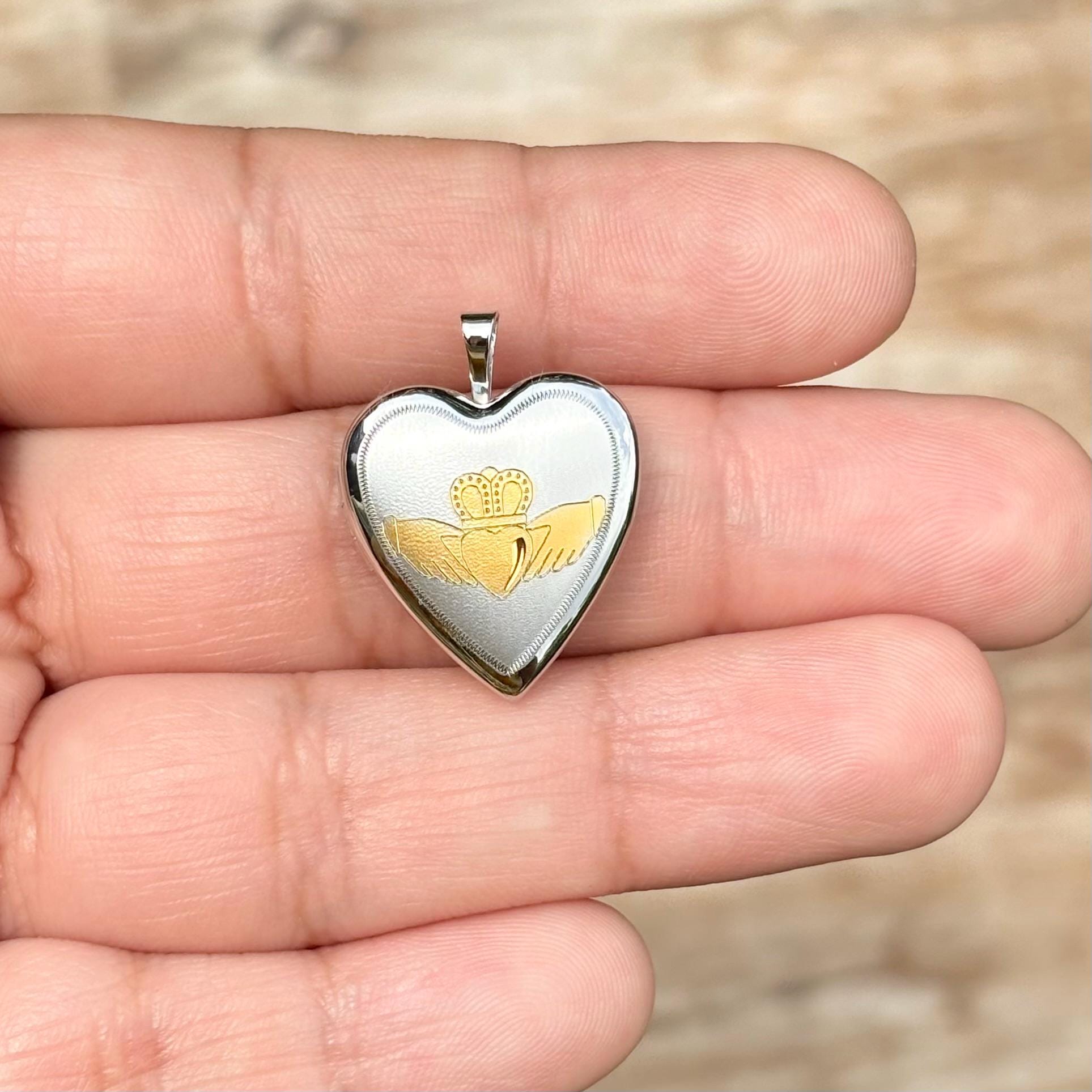 Sterling Silver and Gold-tone Satin and Polished Claddagh Heart Locket