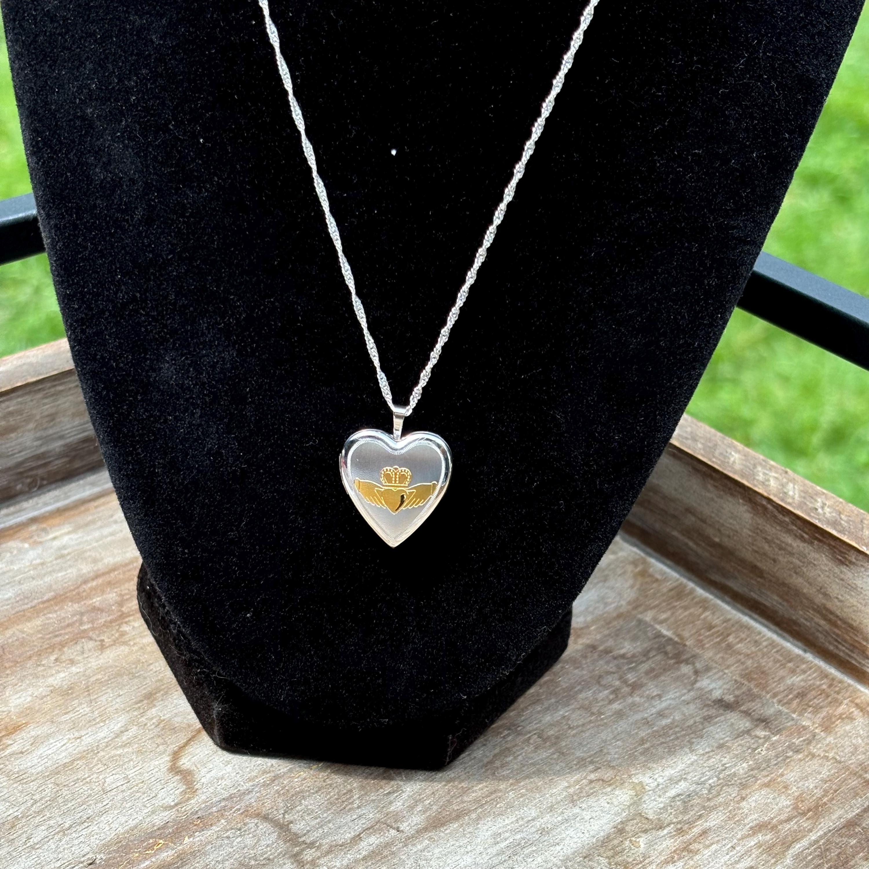 Sterling Silver and Gold-tone Satin and Polished Claddagh Heart Locket
