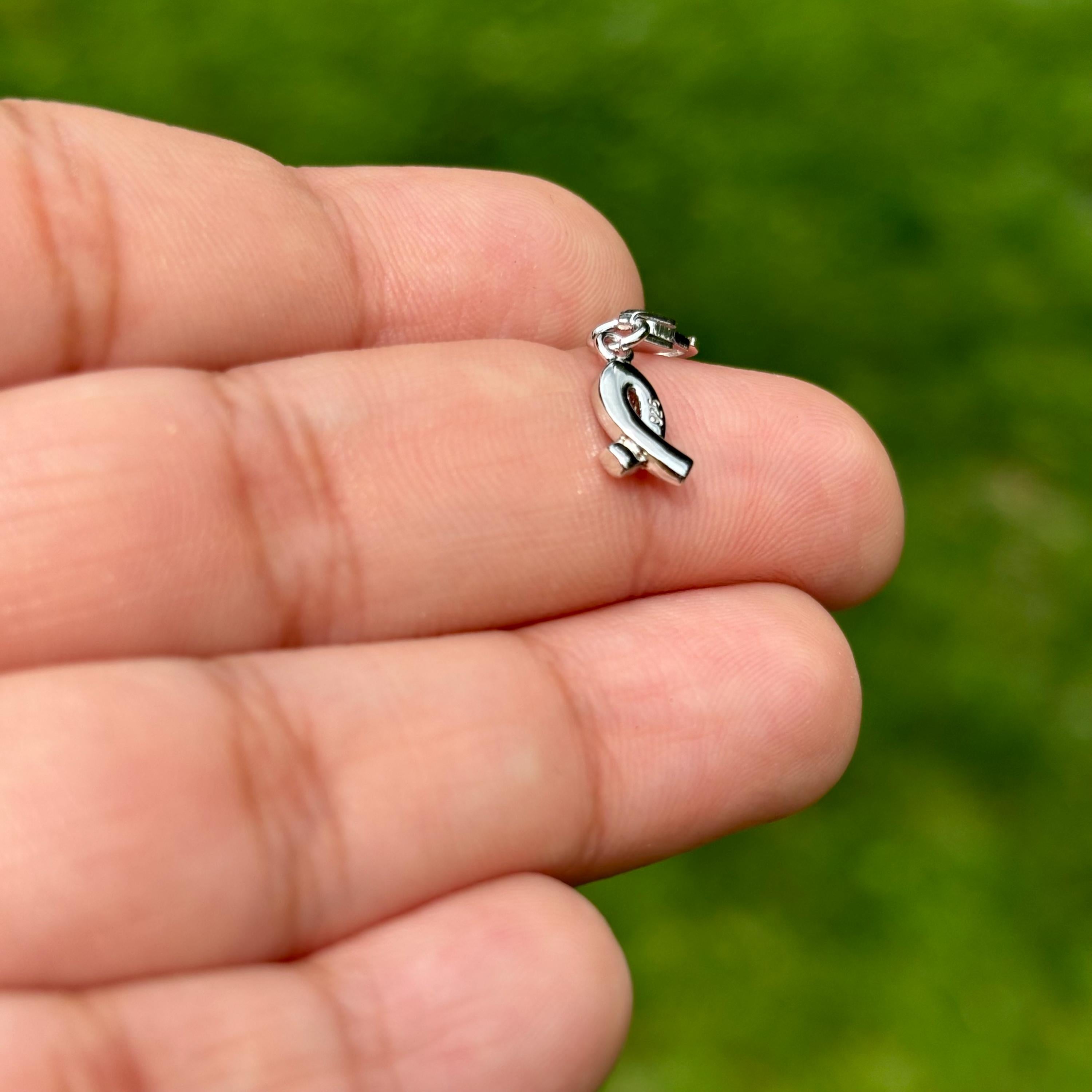 Sterling Silver Crystal Awareness Ribbon Charm with Fancy Lobster Clasp