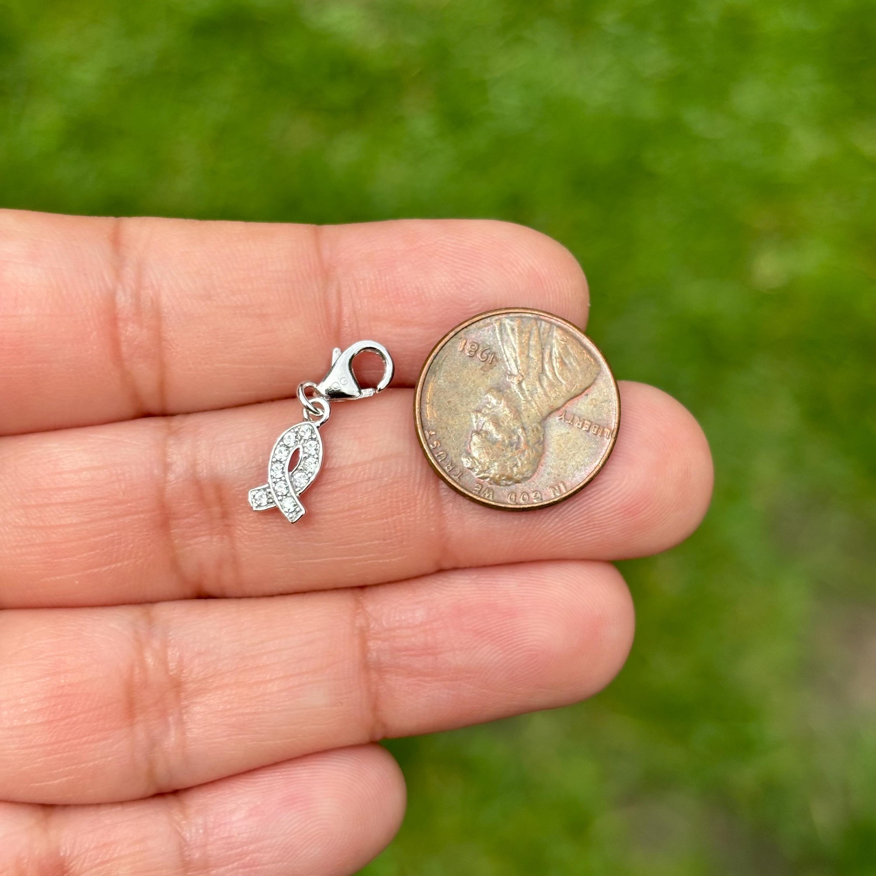 Sterling Silver Crystal Awareness Ribbon Charm with Fancy Lobster Clasp